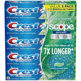 Dentifrice Crest Complete Whitening + Scope, tube visible, aide à éliminer les taches et protège contre les caries.