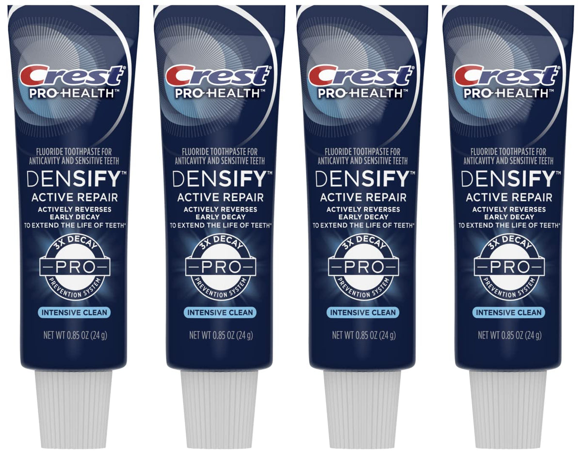 Dentifrice Crest Densify Pro-Health, pack de 4 tubes, format voyage pratique.