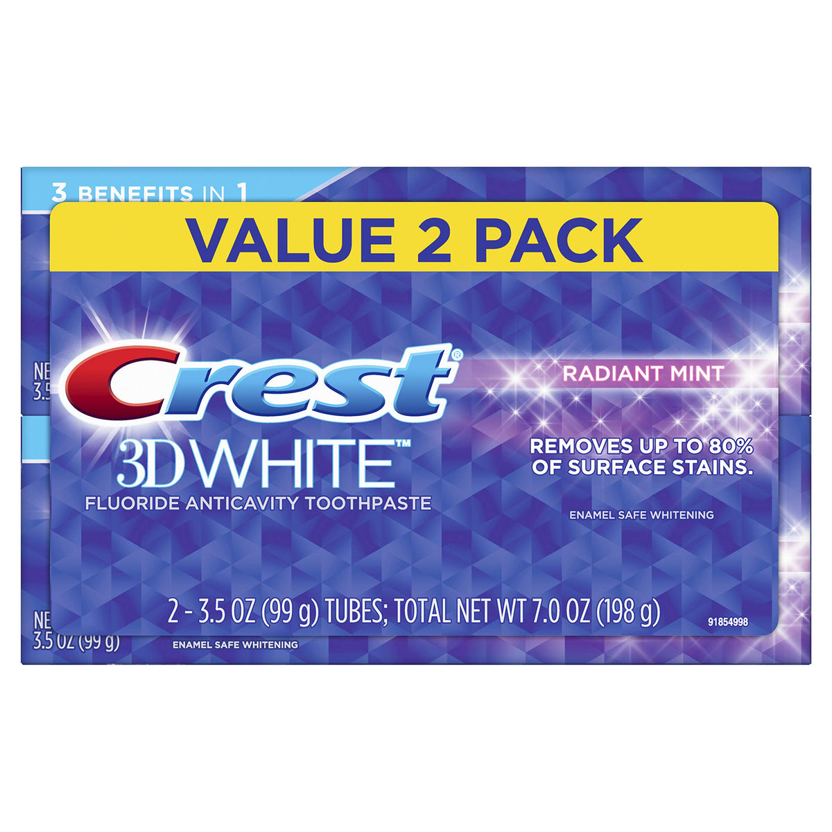 Crest 3D White Radiant Mint dans son emballage, pack pratique pour la famille.