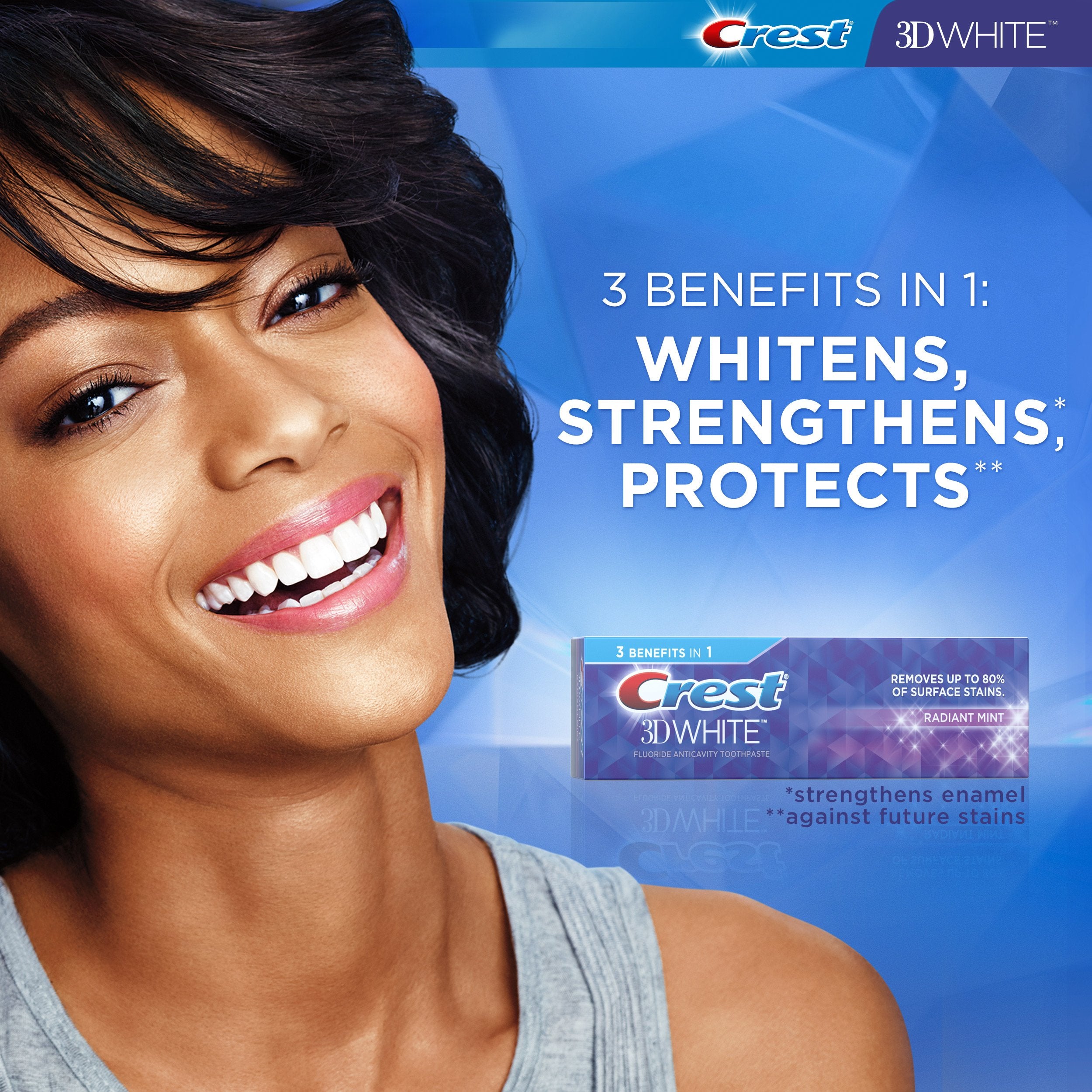 Texture crémeuse du dentifrice Crest 3D White Radiant Mint en gros plan.