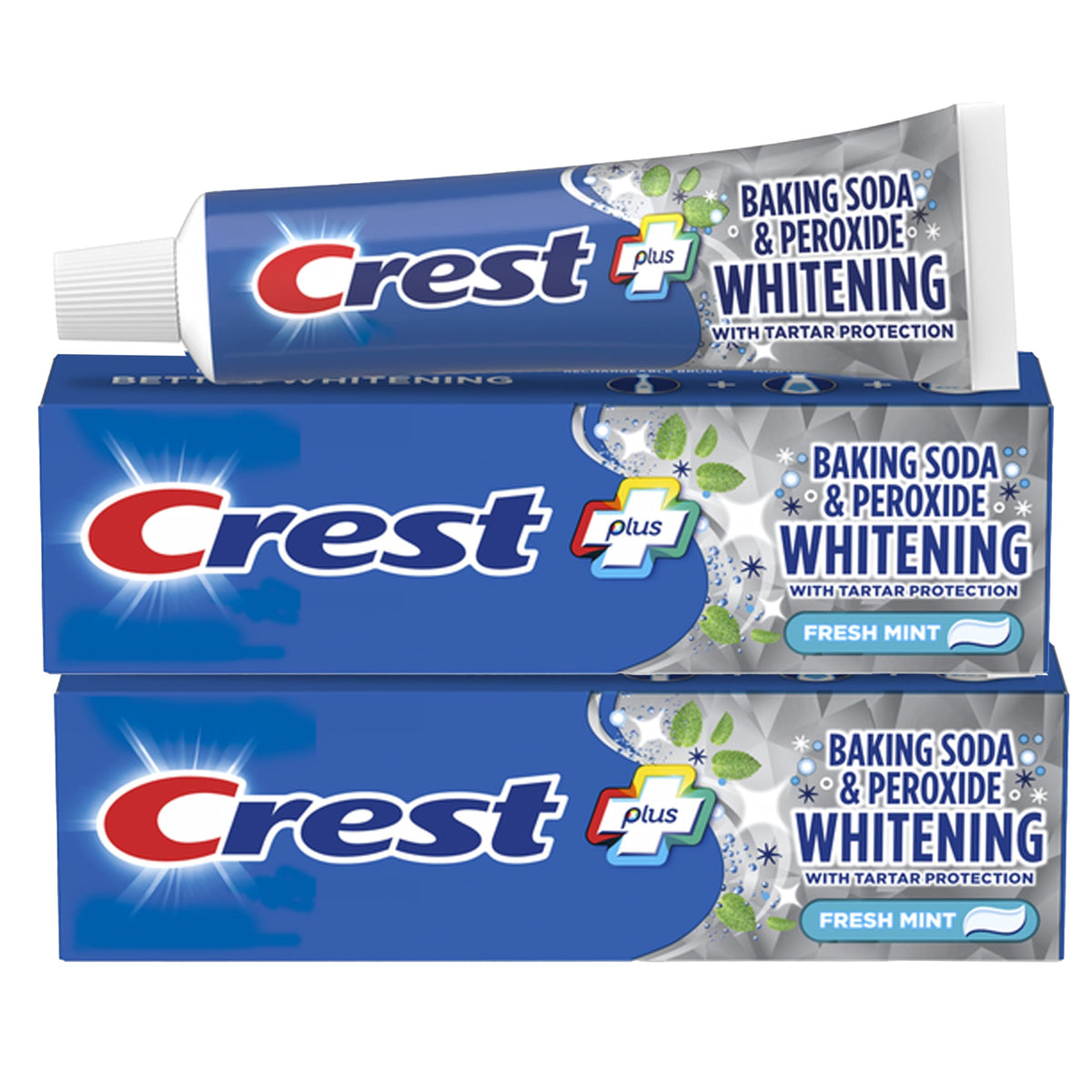Crest dentifrice bicarbonate-peroxyde emballage double, haleine fraîche et protection tartre.