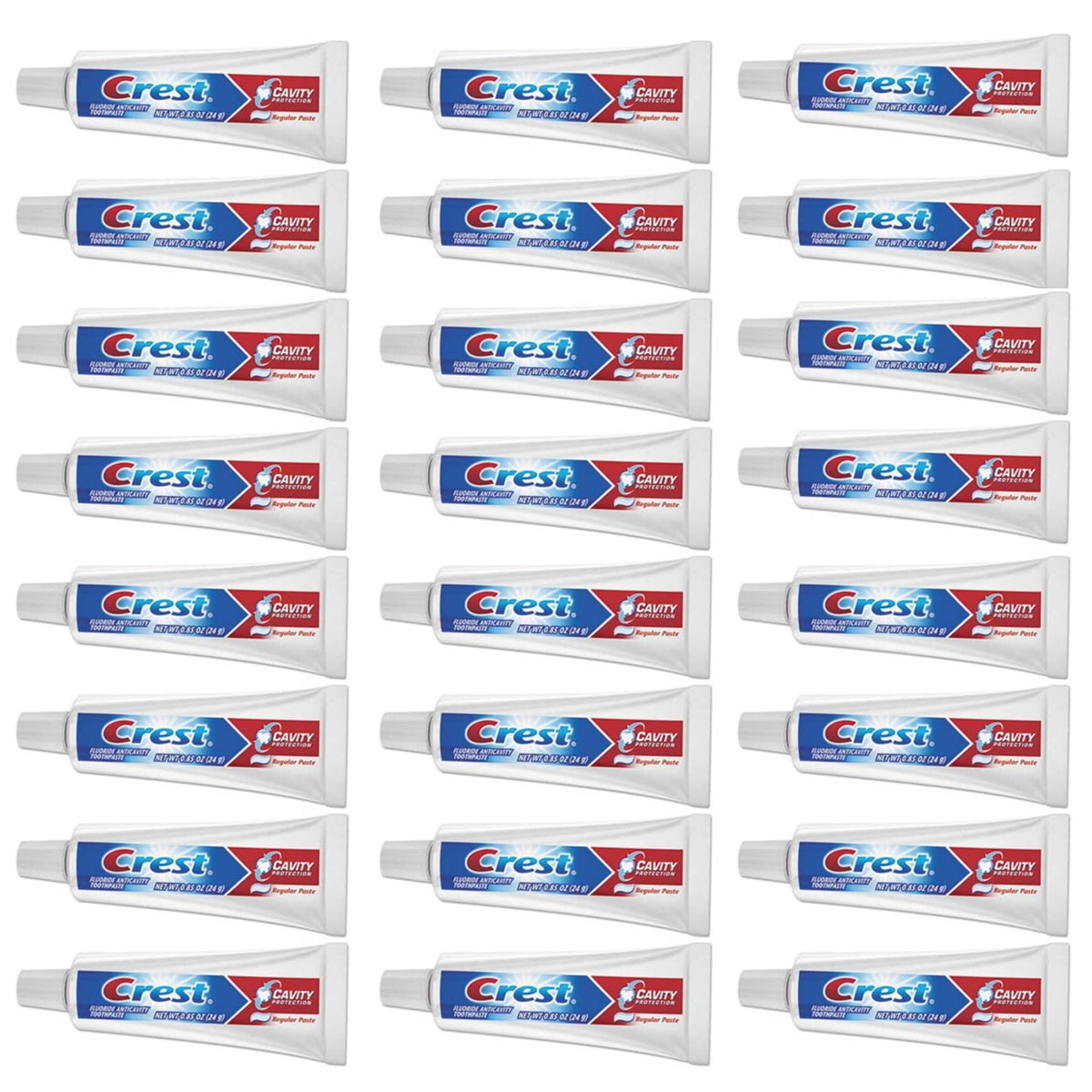 Dentifrice Crest Cavité Regular, format voyage, pack de 24, pratique pour déplacements quotidiens.