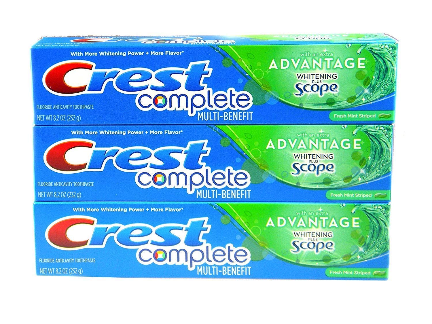 Dentifrice Crest Complete Menthe Fraîche avec Scope, haleine longue durée et surfaces propres.