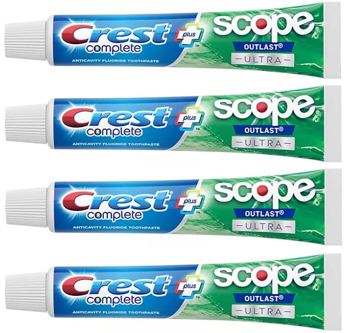 Dentifrice Crest Complete Whitening Scope Outlast Ultra en paquet, pratique pour toute la famille.