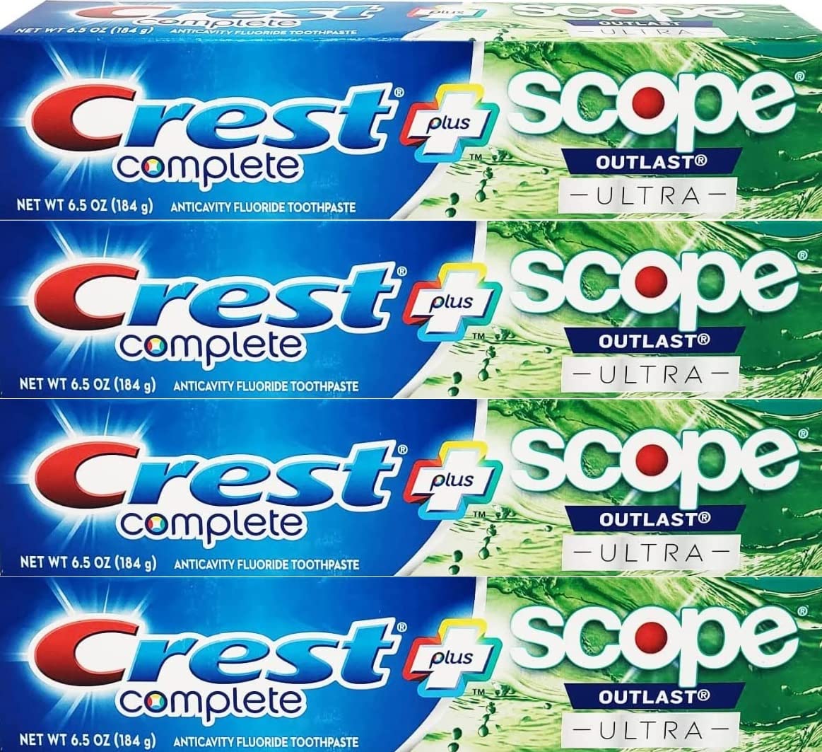 Dentifrice Crest Complete Whitening Scope Outlast Ultra en tube, pour blanchiment progressif et fraîcheur durable.