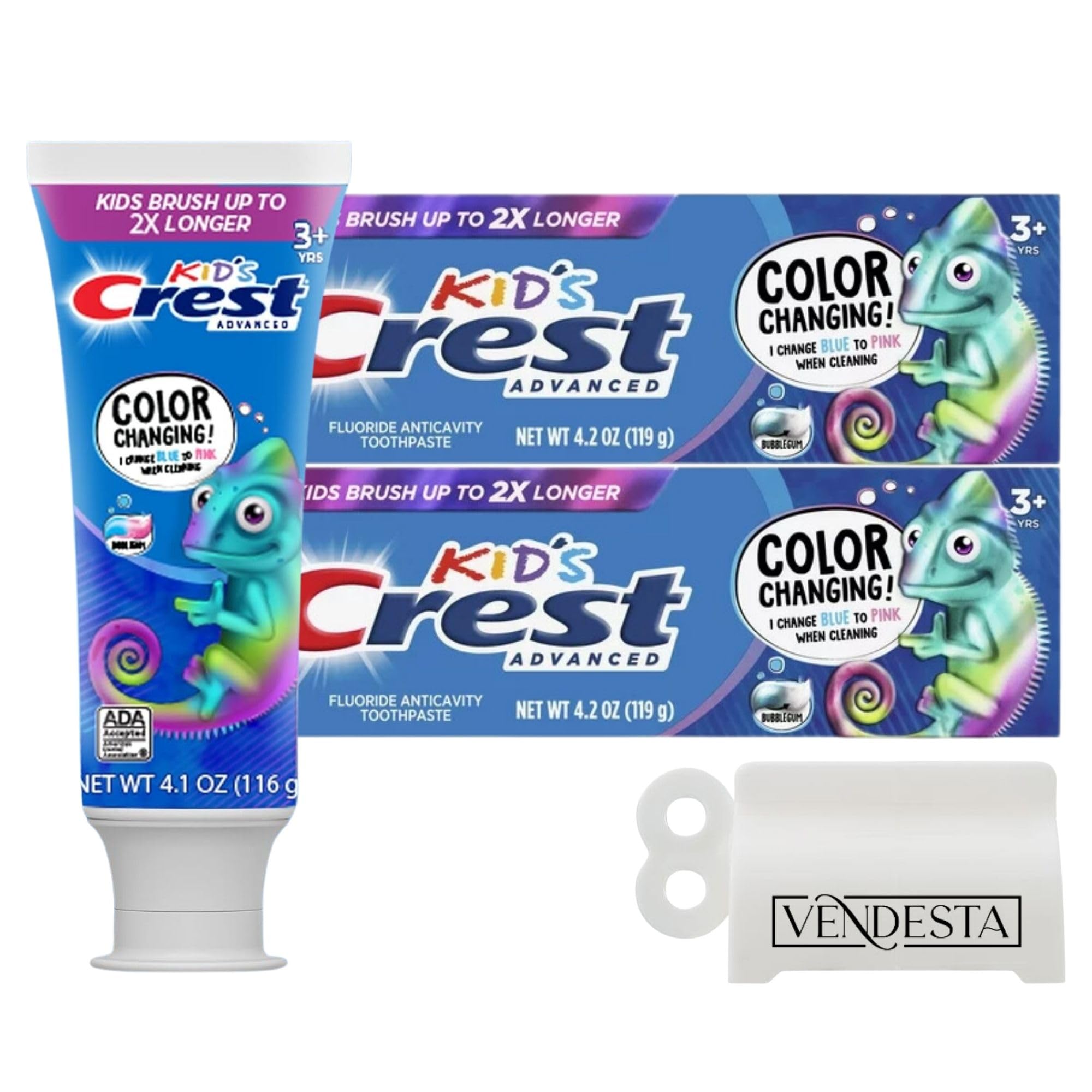 Dentifrice Crest Kids pour enfants avec changement de couleur pendant le brossage.