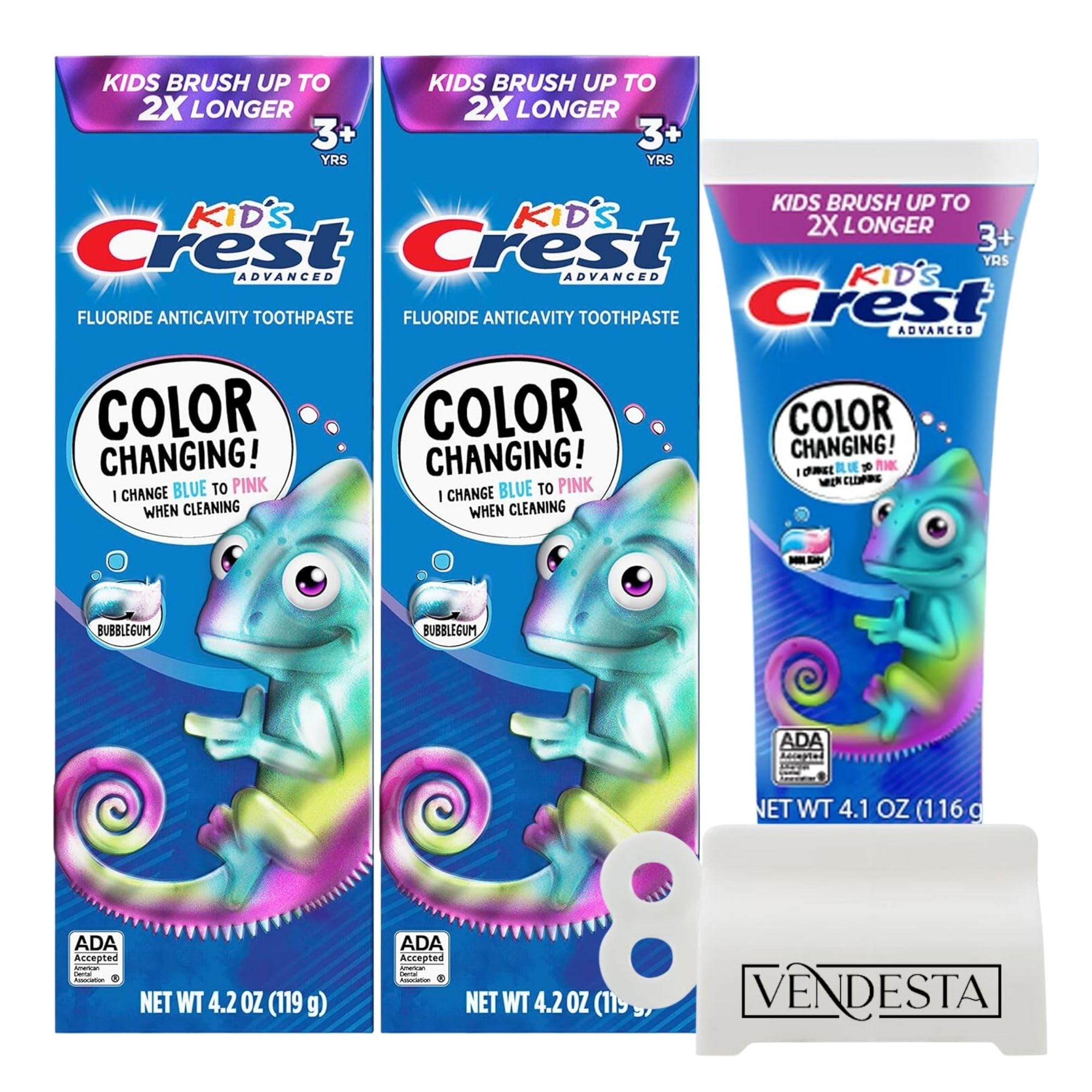 Dentifrice Crest Kids goût bubblegum apprécié par les enfants.