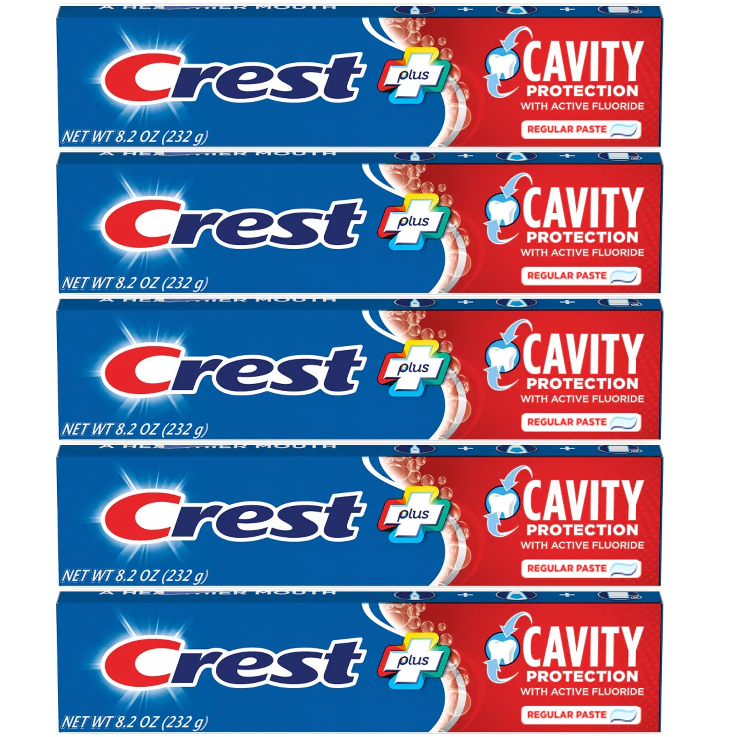 Crest dentifrice fluorure, tubes visibles, idéal pour la routine familiale et la prévention des caries.