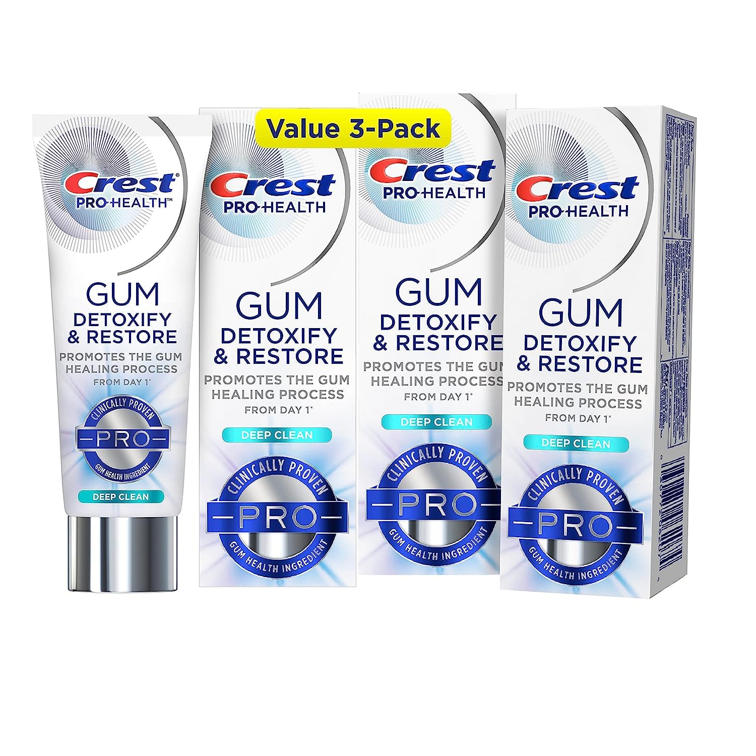 Dentifrice Crest Pro-Health detoxifiant gencives, lot de trois tubes prêt à l'emploi.