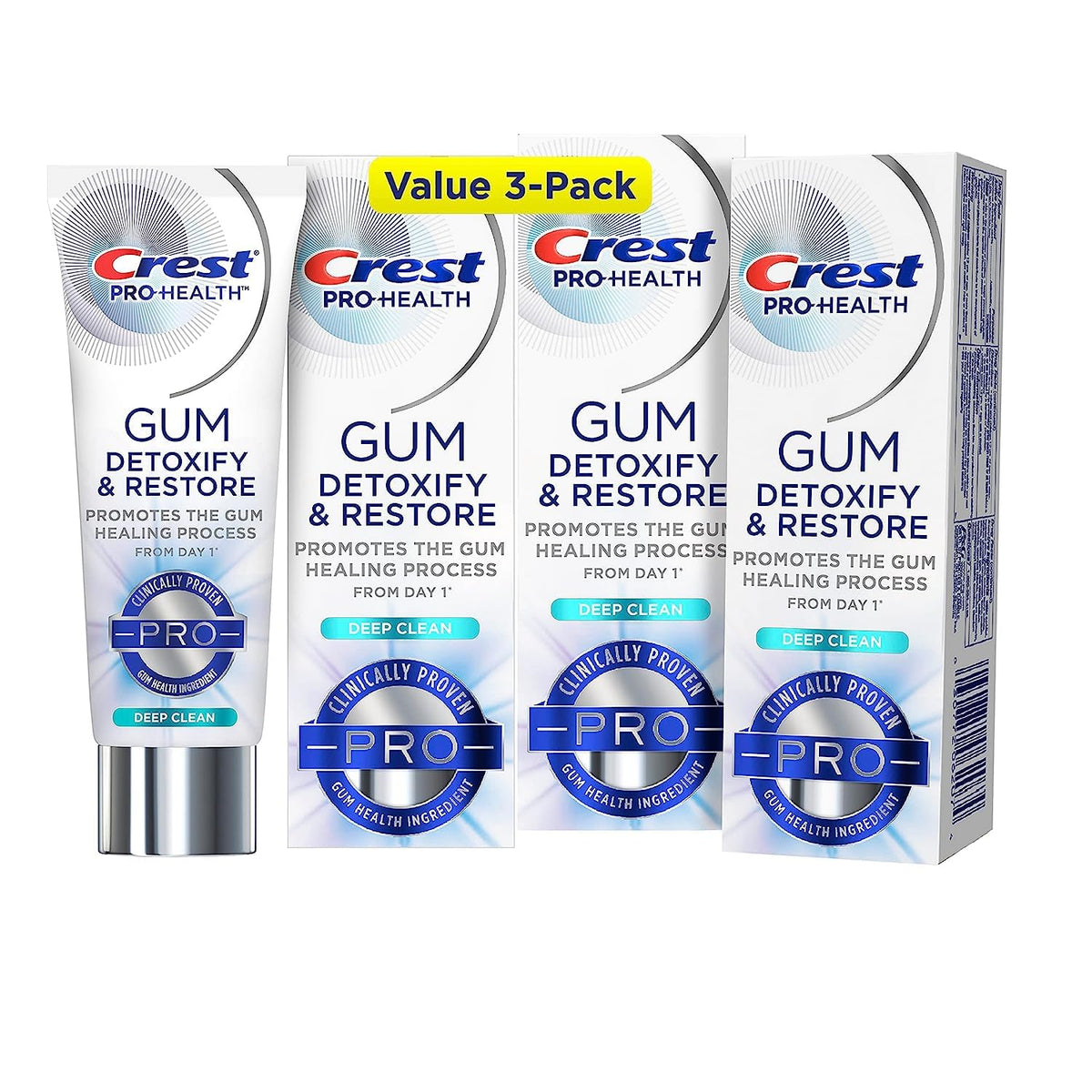 Dentifrice Crest Pro-Health detoxifiant gencives, lot de trois tubes prêt à l'emploi.
