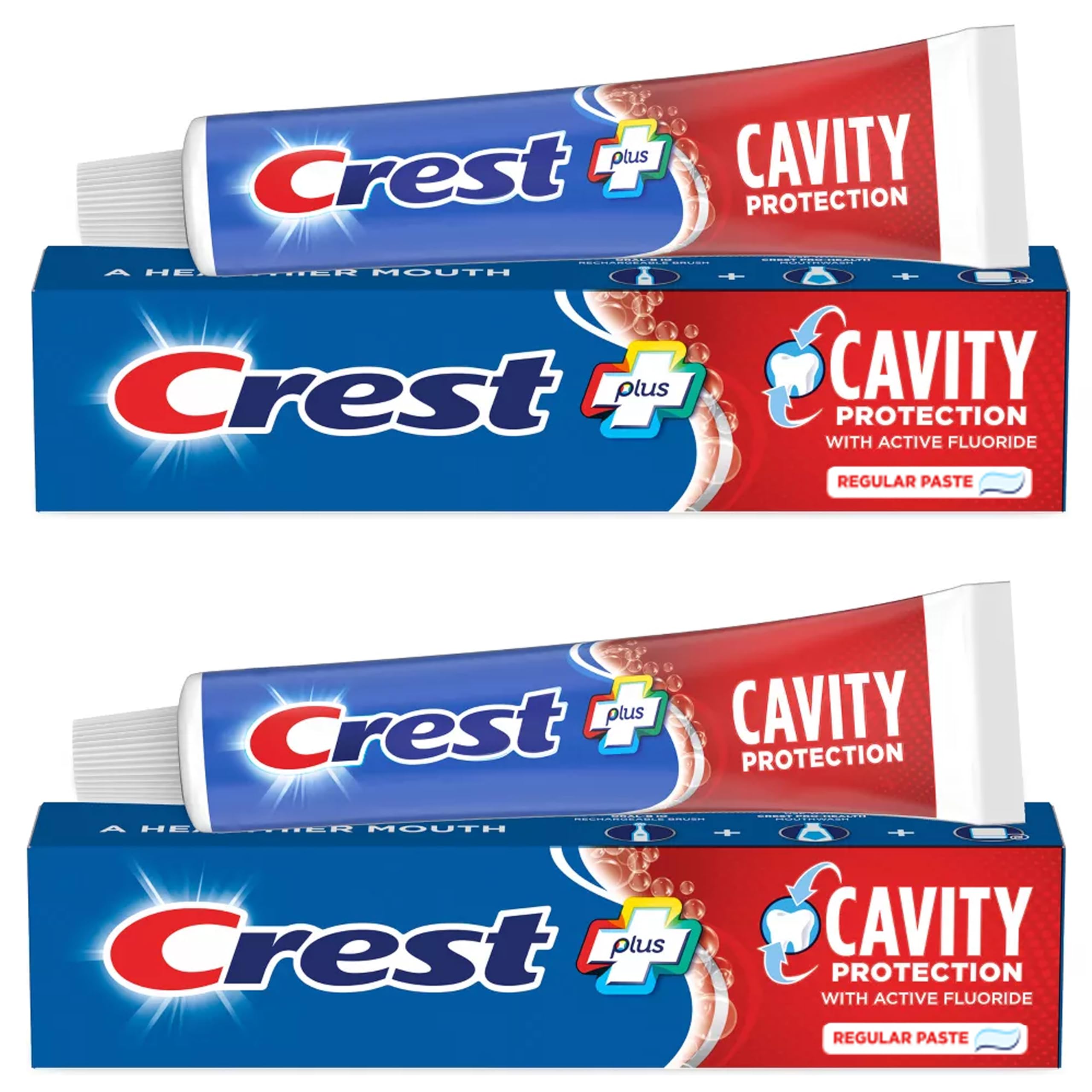Crest dentifrice protection caries, image pack de deux tubes, routine quotidienne pratique.