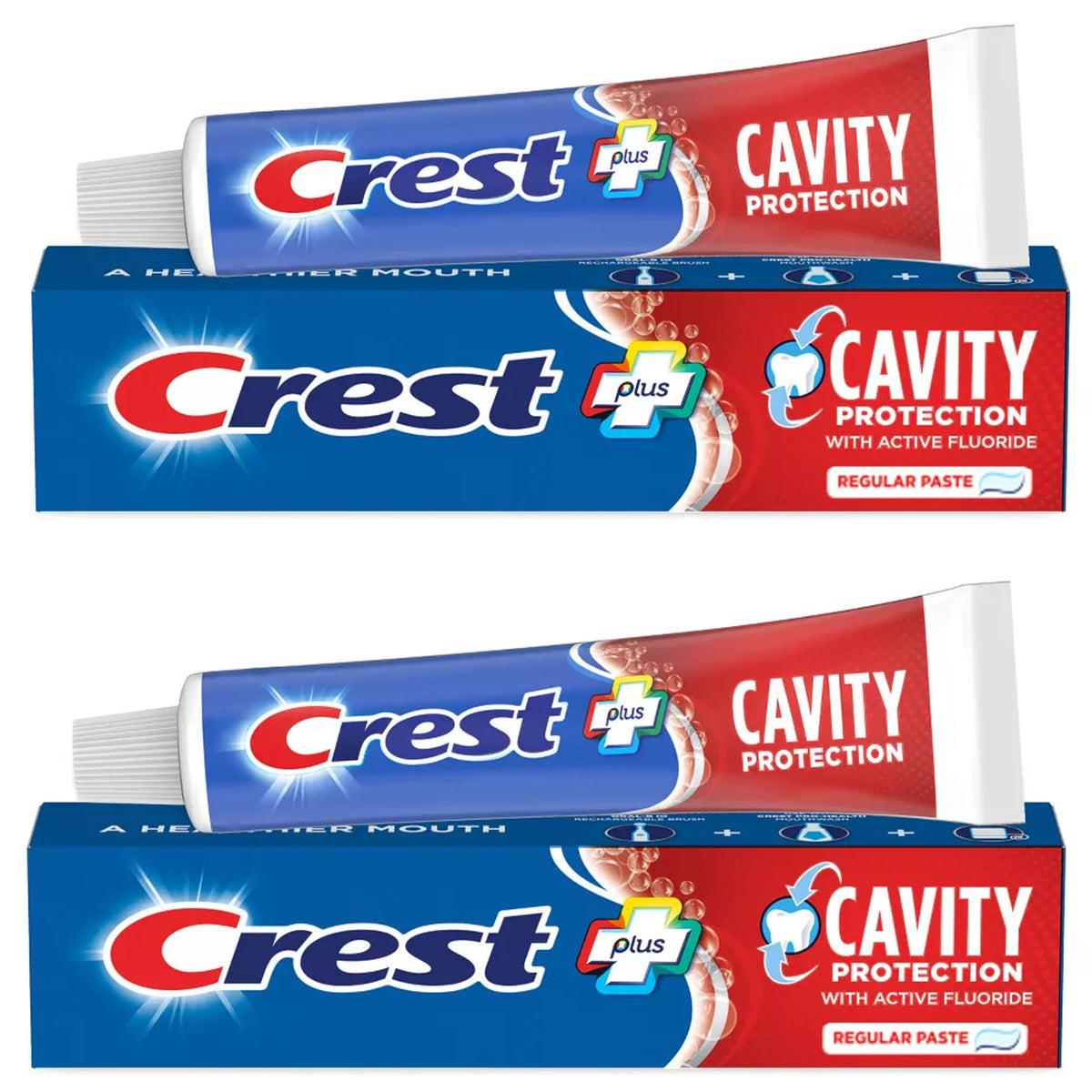 Crest dentifrice protection caries, image pack de deux tubes, routine quotidienne pratique.