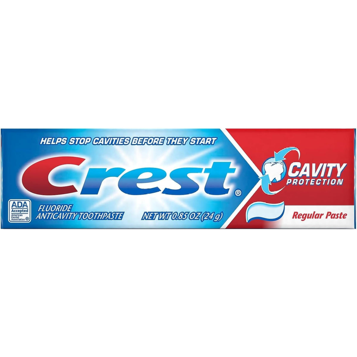 Crest dentifrice protection-caries, tube voyage prêt pour déplacements quotidiens.