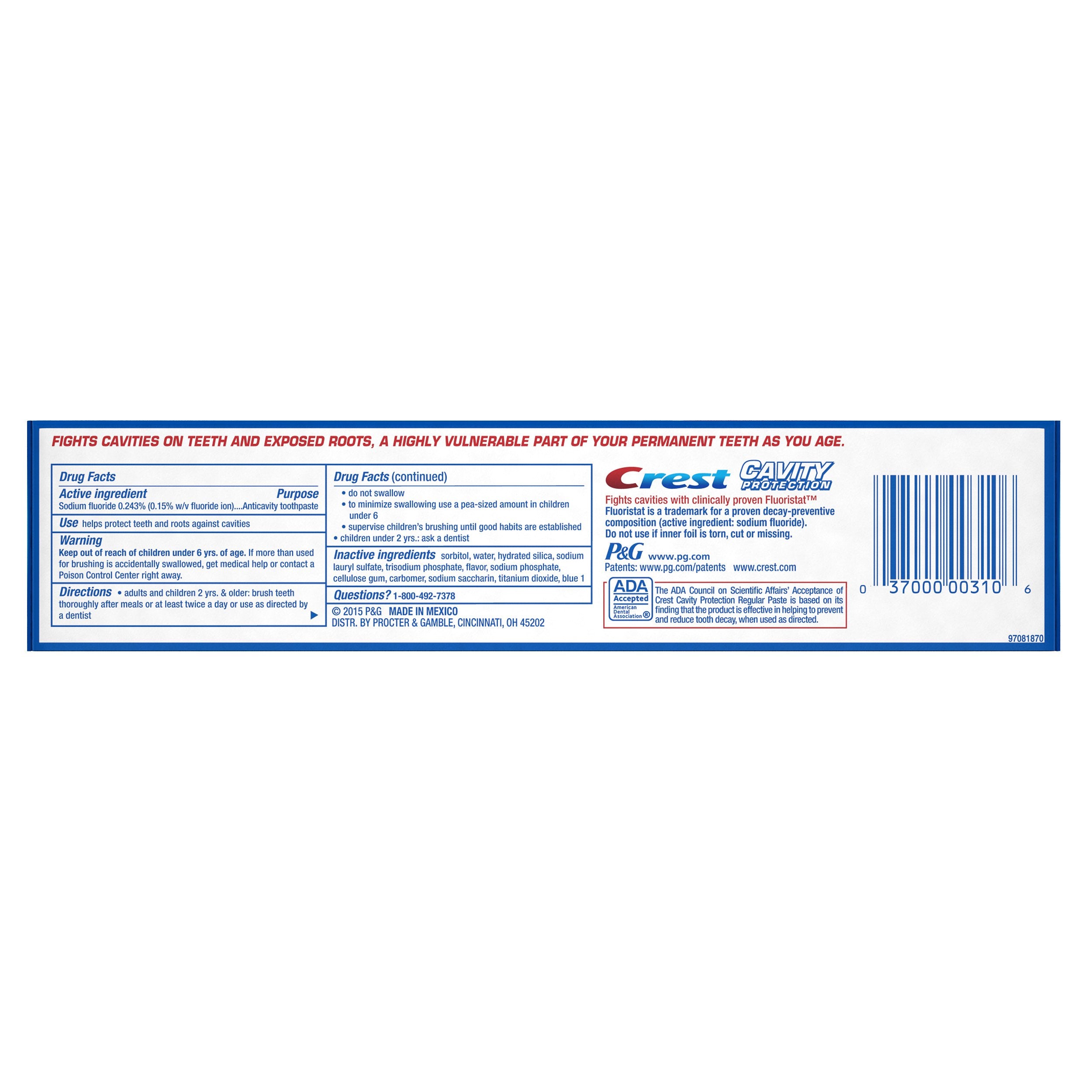 Crest Protection Caries – tube arrière, détails de la formulation