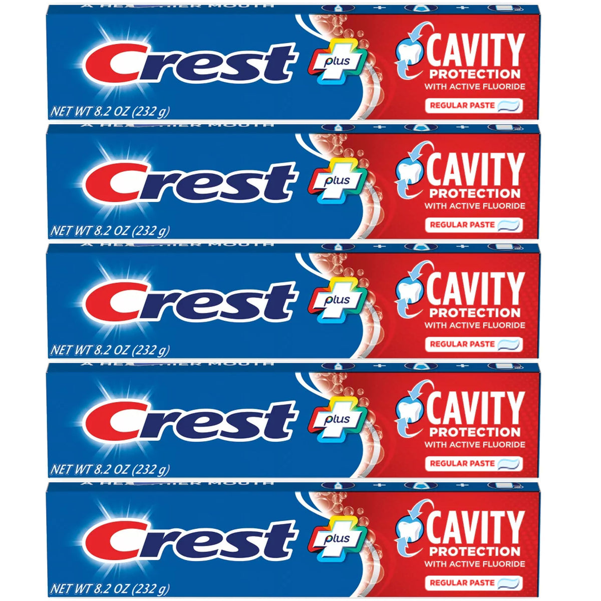 Crest dentifrice tube montrant la protection des cavités et haleine fraîche.