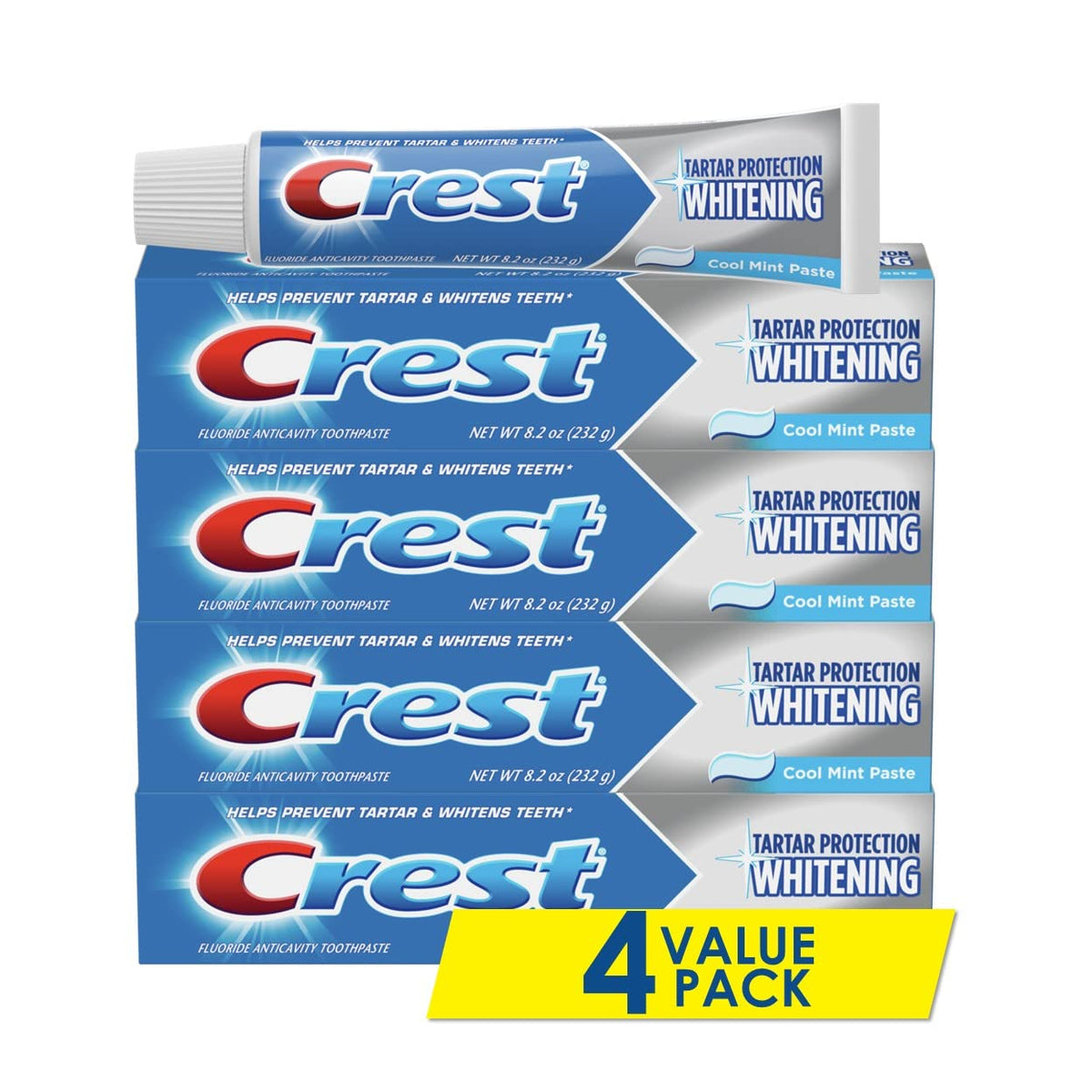 Dentifrice Crest Protection Tartre pack de quatre sur fond blanc, présentation du produit