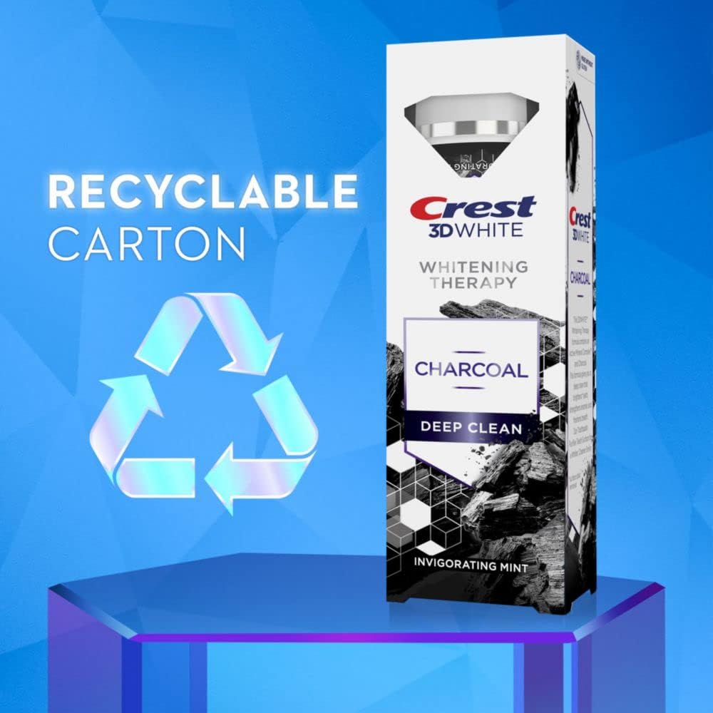 Crest dentifrice thérapie au charbon, arôme menthe, sensation fraîche durable après brossage.