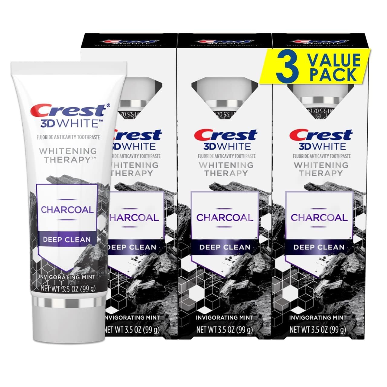 Crest dentifrice thérapie au charbon, emballage noir et blanc, propreté ciblée au quotidien.