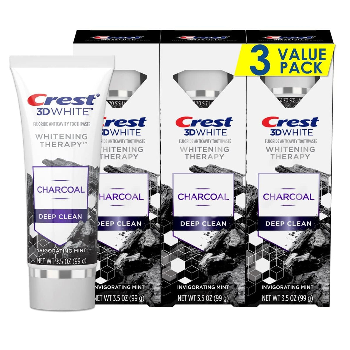 Crest dentifrice thérapie au charbon, emballage noir et blanc, propreté ciblée au quotidien.