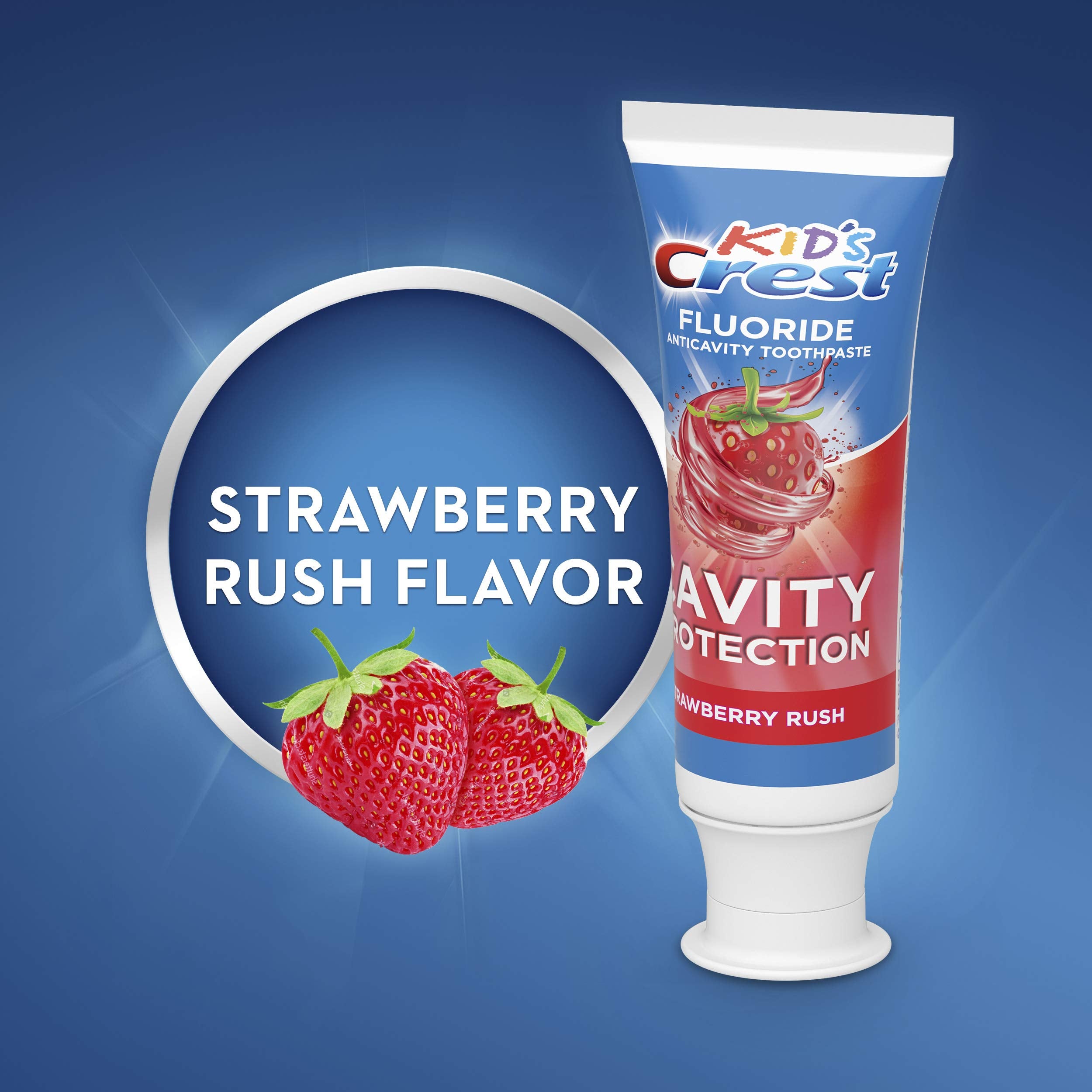 Crest Fraise Rush dentifrice fluoré adapté aux 2 ans et plus, format pratique.