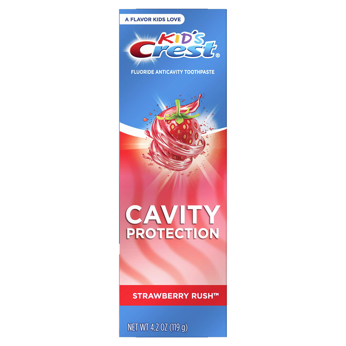 Crest dentifrice fluoré pour enfants Fraise Rush, tube visible et protection contre les caries.