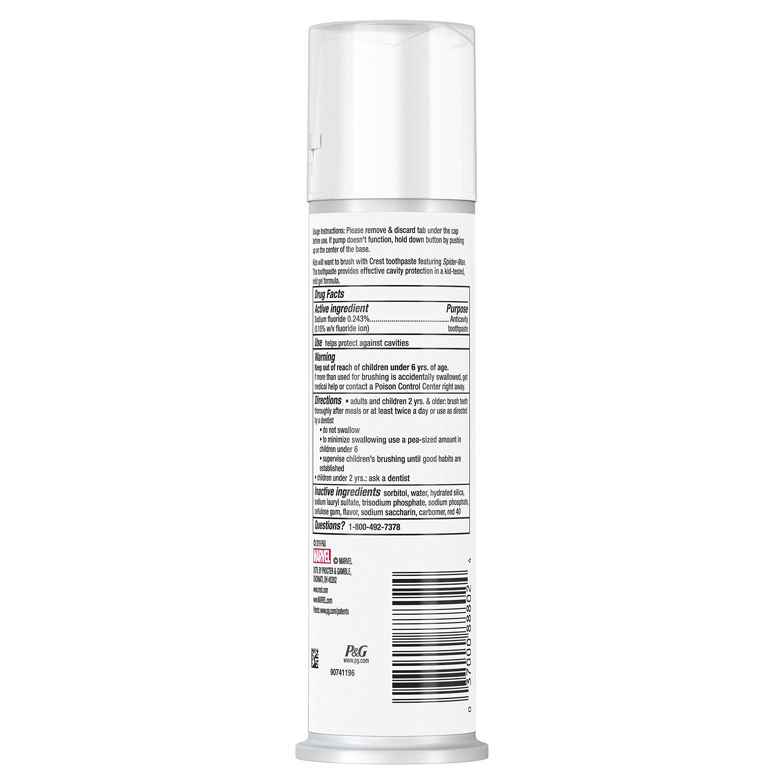 Étiquette saveur fraise du dentifrice Crest Spiderman pour enfants.
