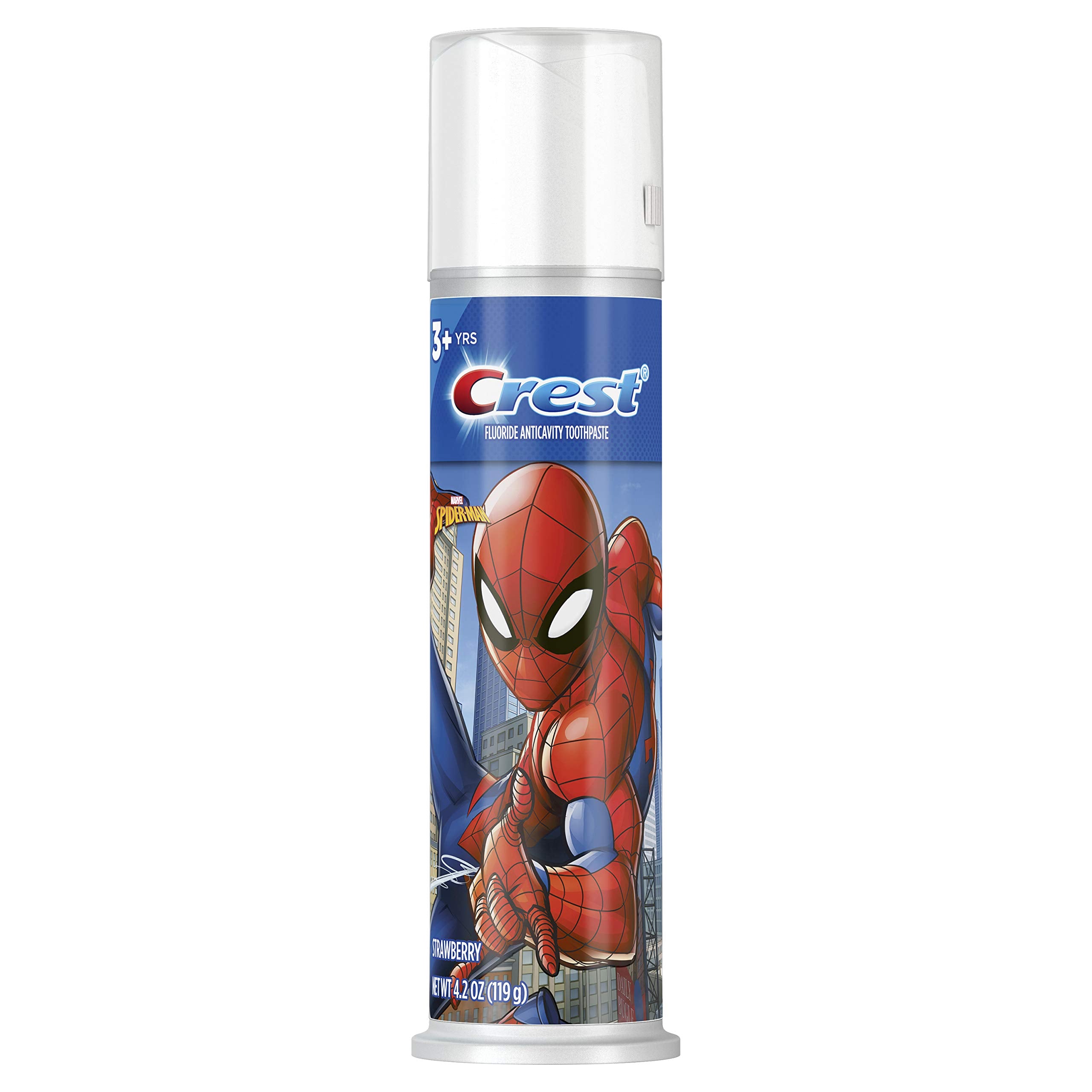 Dentifrice Crest Kids Spiderman avec pompe pratique pour brossage sûr des enfants.