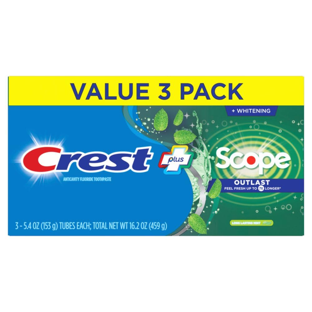 Vue d’ensemble du packaging Crest dentifrice menthe, idéal pour routine quotidienne.