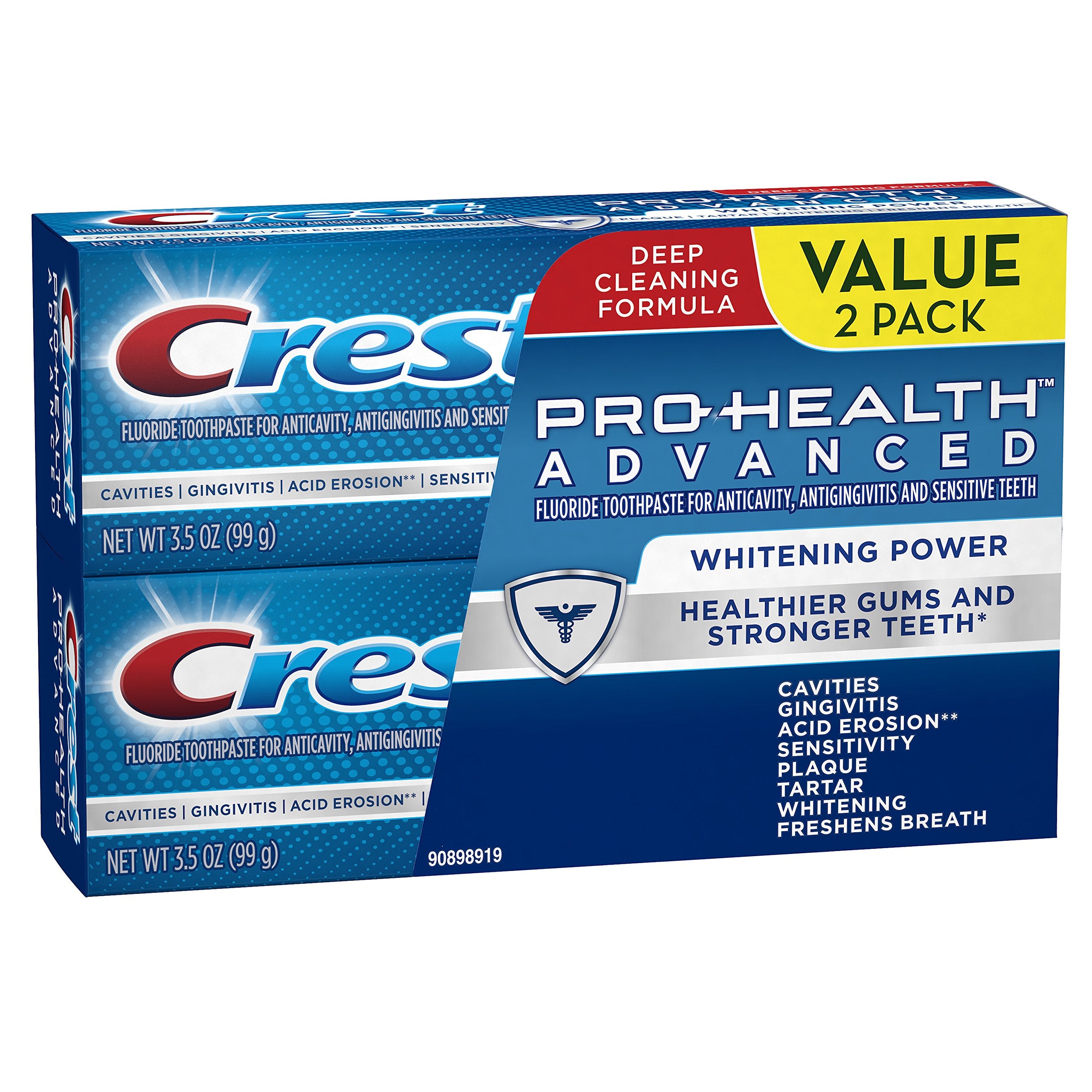 Dentifrice Crest Pro-Health Avancé, emballage duo, utilisation quotidienne et haleine fraîche.