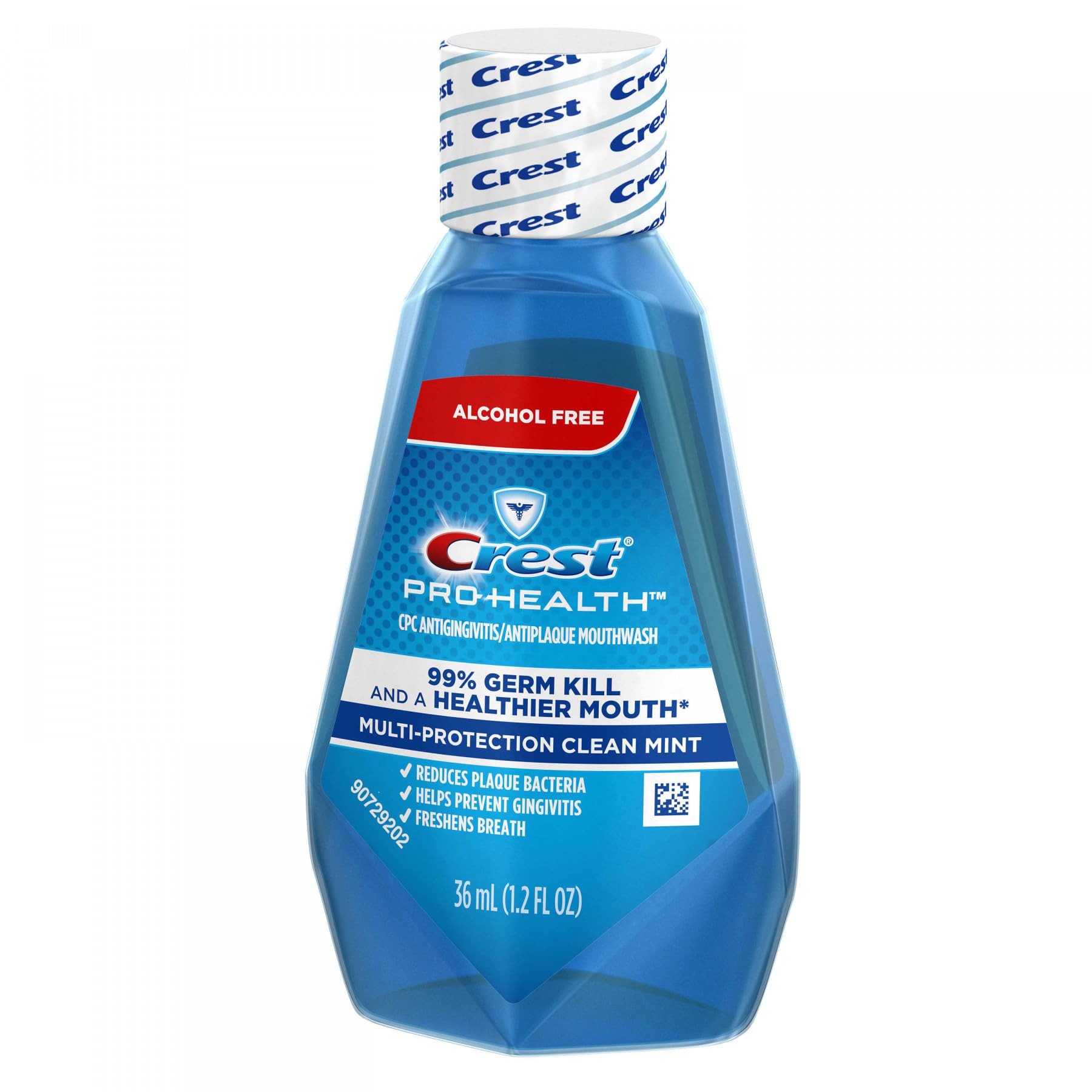 Crest Pro-Health sans alcool, étiquette affichée, pratique pour routine quotidienne.