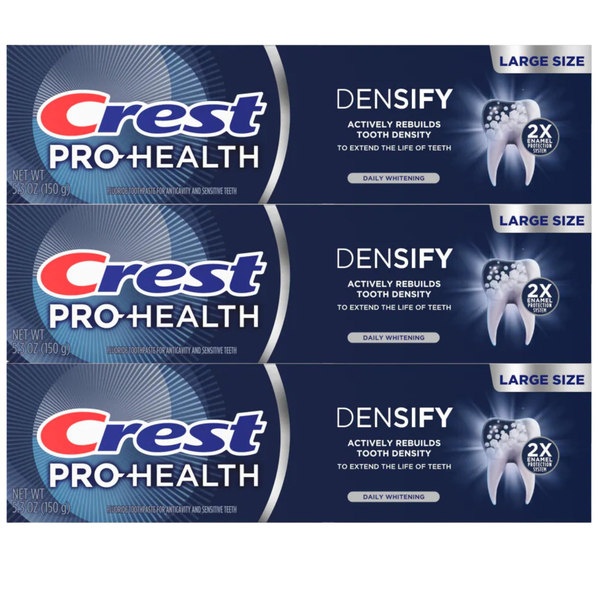 Crest Pro-Health Densify pack de 3 tubes pour une routine quotidienne.