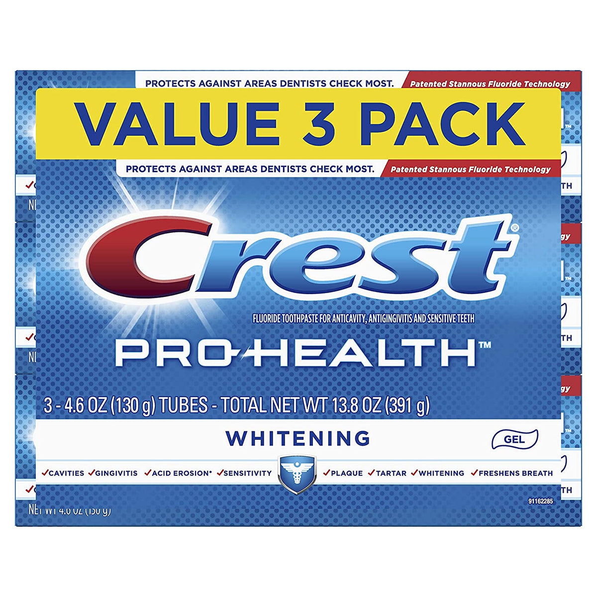 Crest Pro-Health Dentifrice Gel blanchissant en tubes triple pour haleine fraîche et blanchiment progressif.