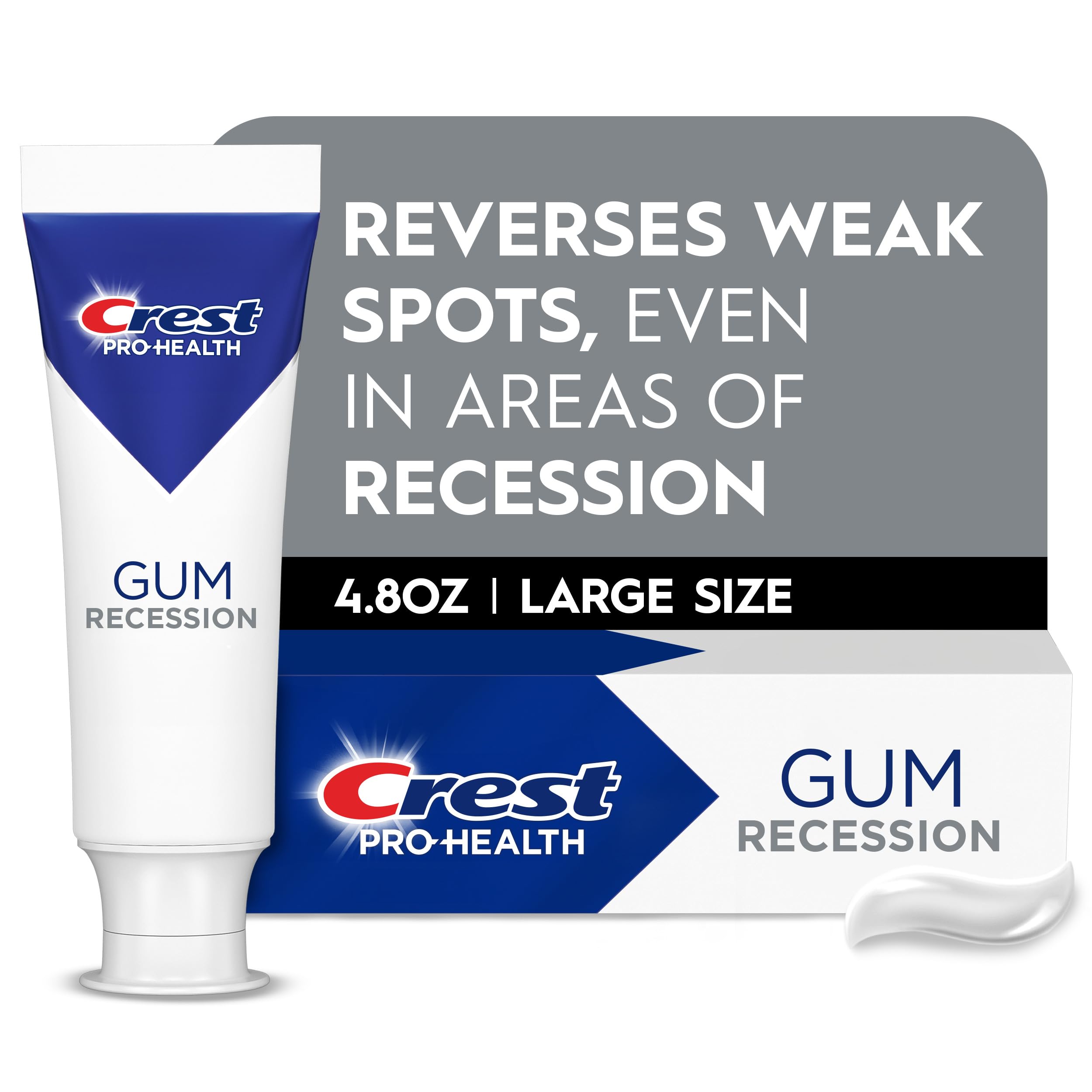 Crest Pro-Health Gum Recession, tube visible, contribue à protéger les gencives et diminuer l'inflammation.