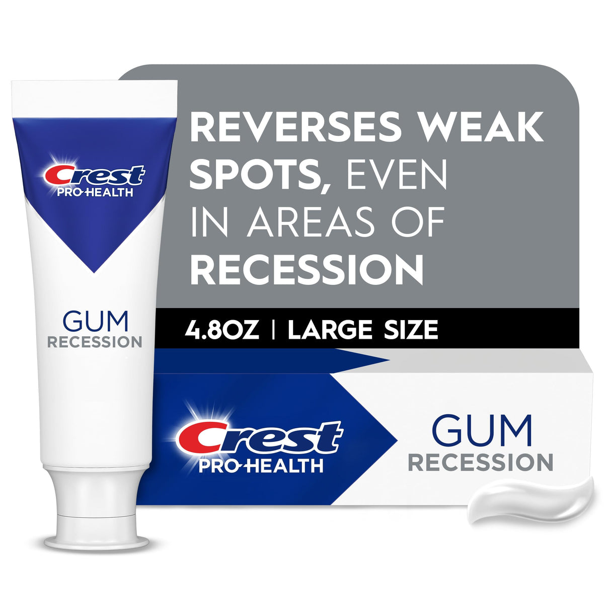 Crest Pro-Health Gum Recession, tube visible, contribue à protéger les gencives et diminuer l'inflammation.