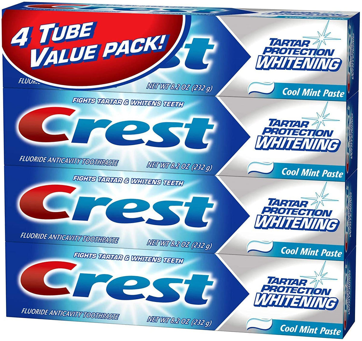 Crest Protection tartre blanchissant menthe fraîche, paquet de quatre tubes.