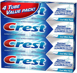 Crest Protection tartre blanchissant menthe fraîche, paquet de quatre tubes.