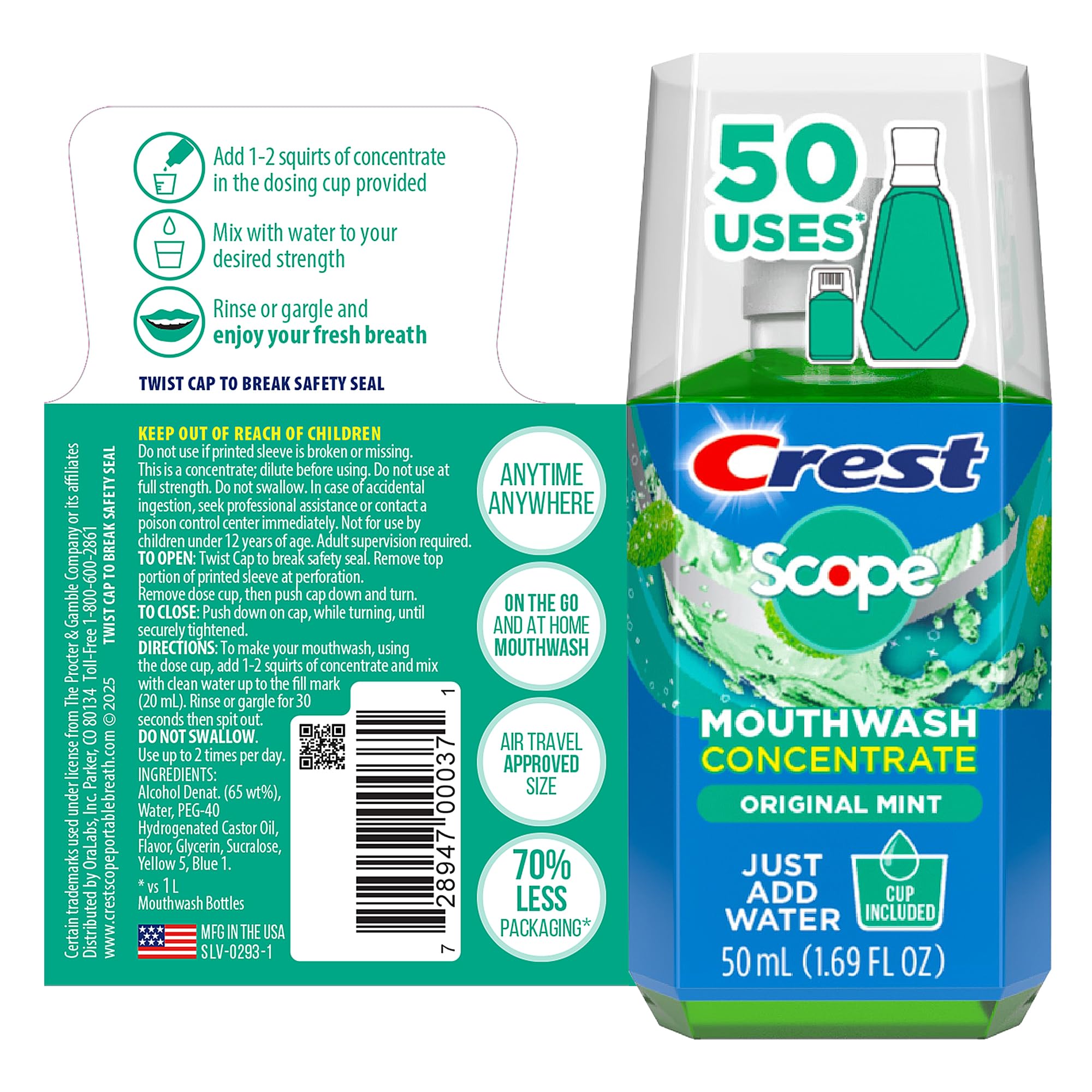 Crest Scope emballage compact, rangement facile dans la salle de bains.