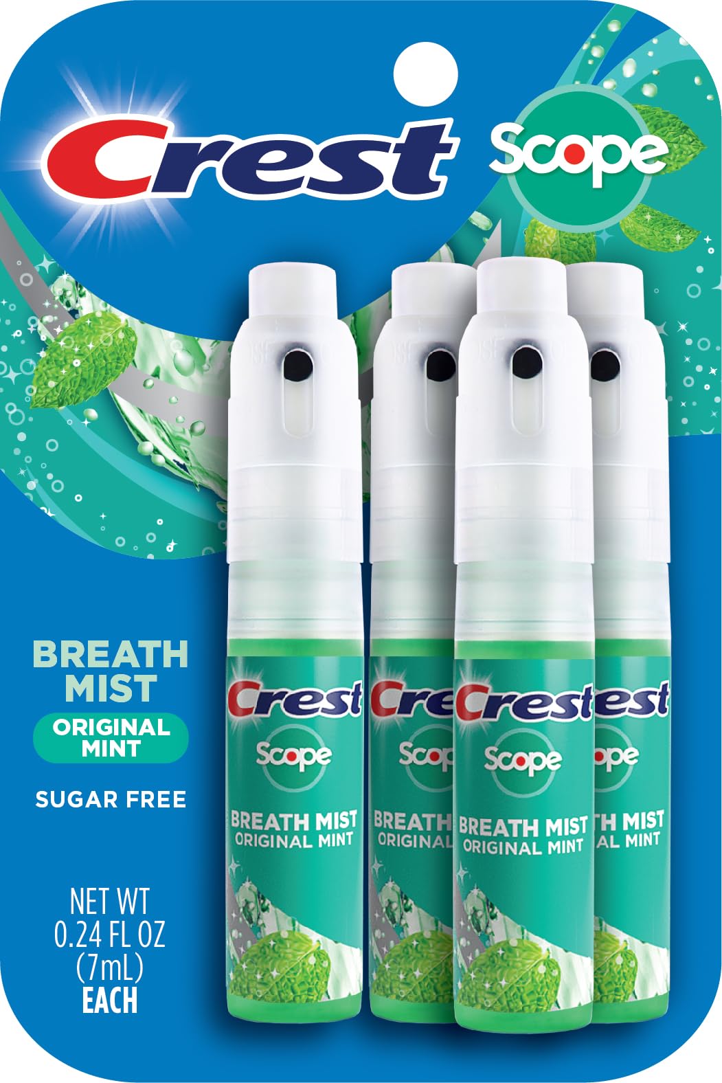 Crest Scope quatre-pack menthe-brume : rafraîchissement instantané en déplacement.