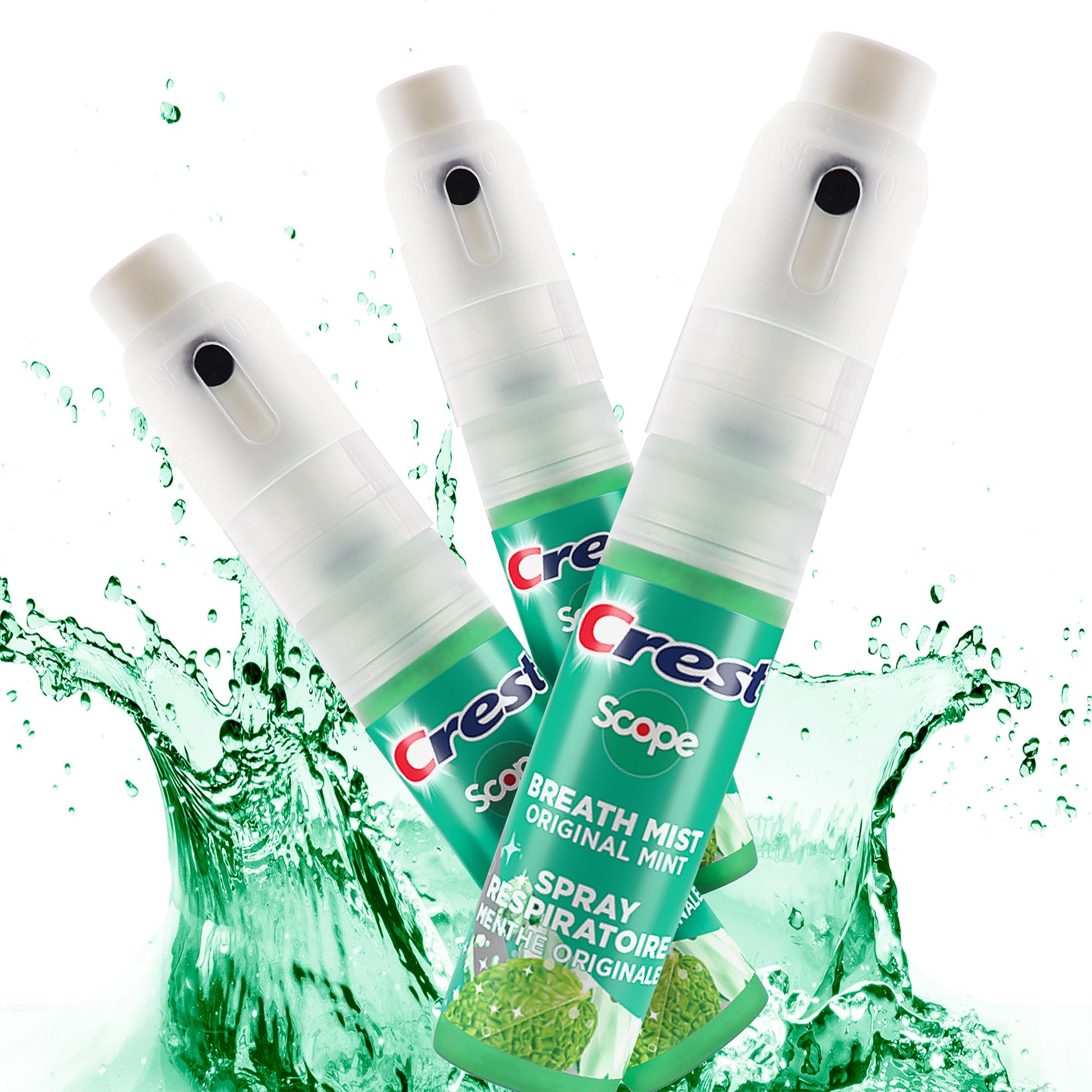 Crest Scope spray menthe, pratique et discret dans une trousse.