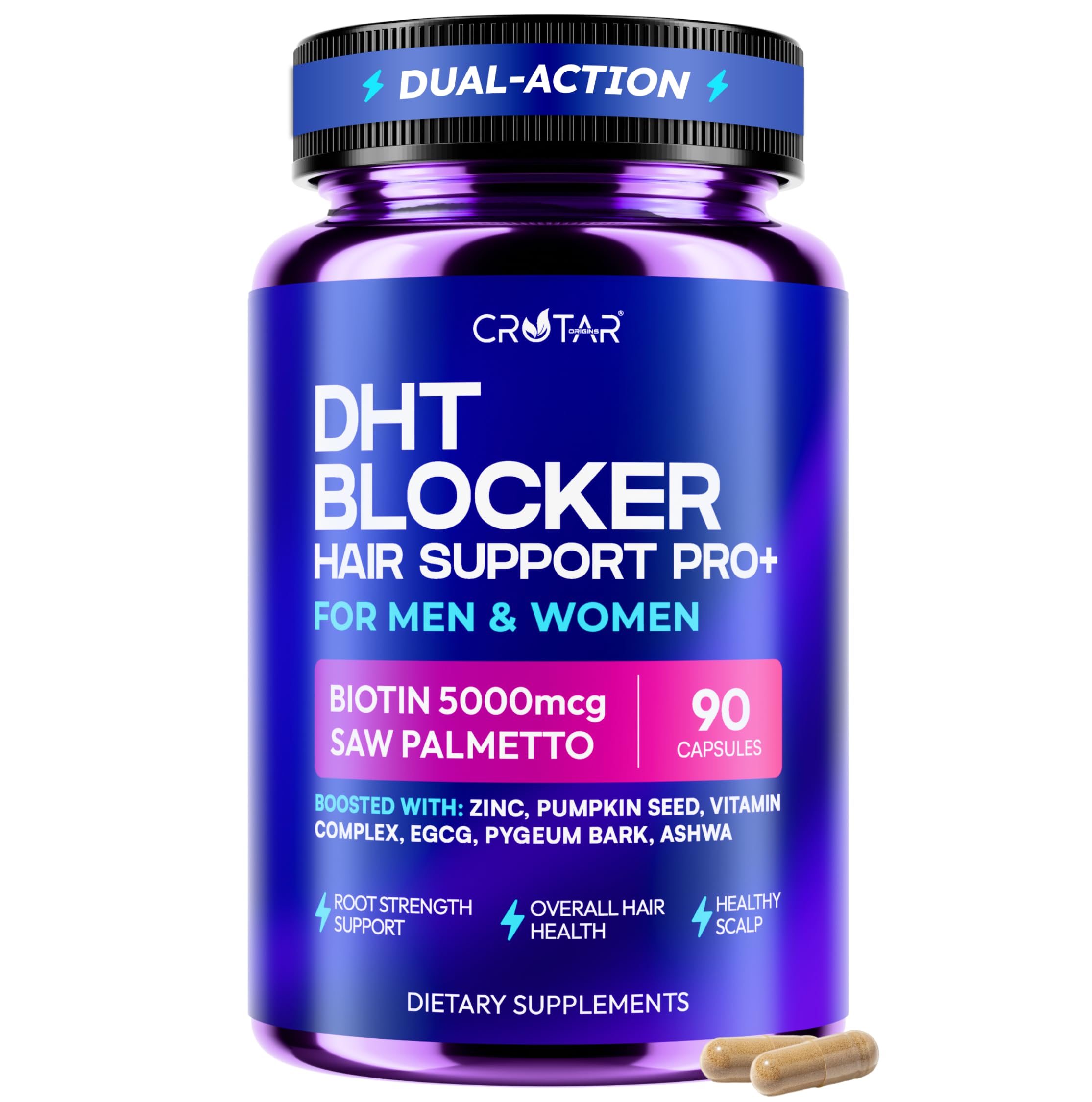 Crotar Origins DHT Blocker en flacon de 90 gélules prêt pour routine capillaire.