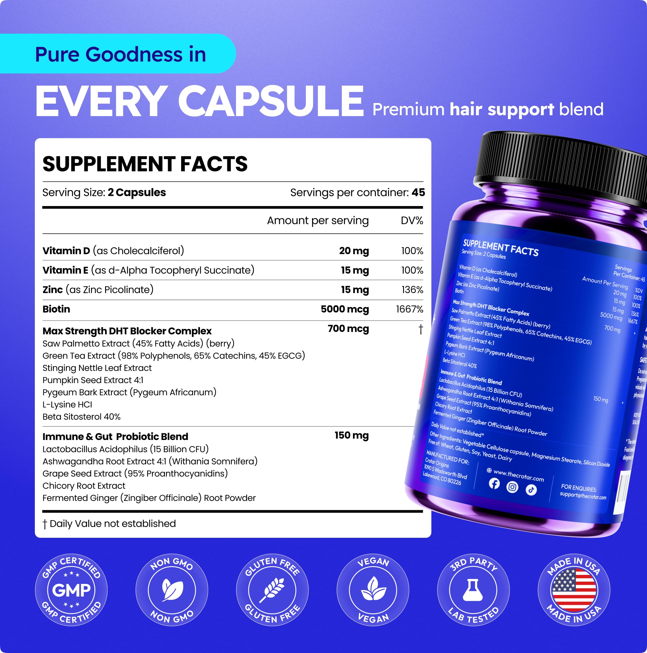 Crotar Origins DHT Blocker: écorce de pygeum sur l'emballage, soin naturel.