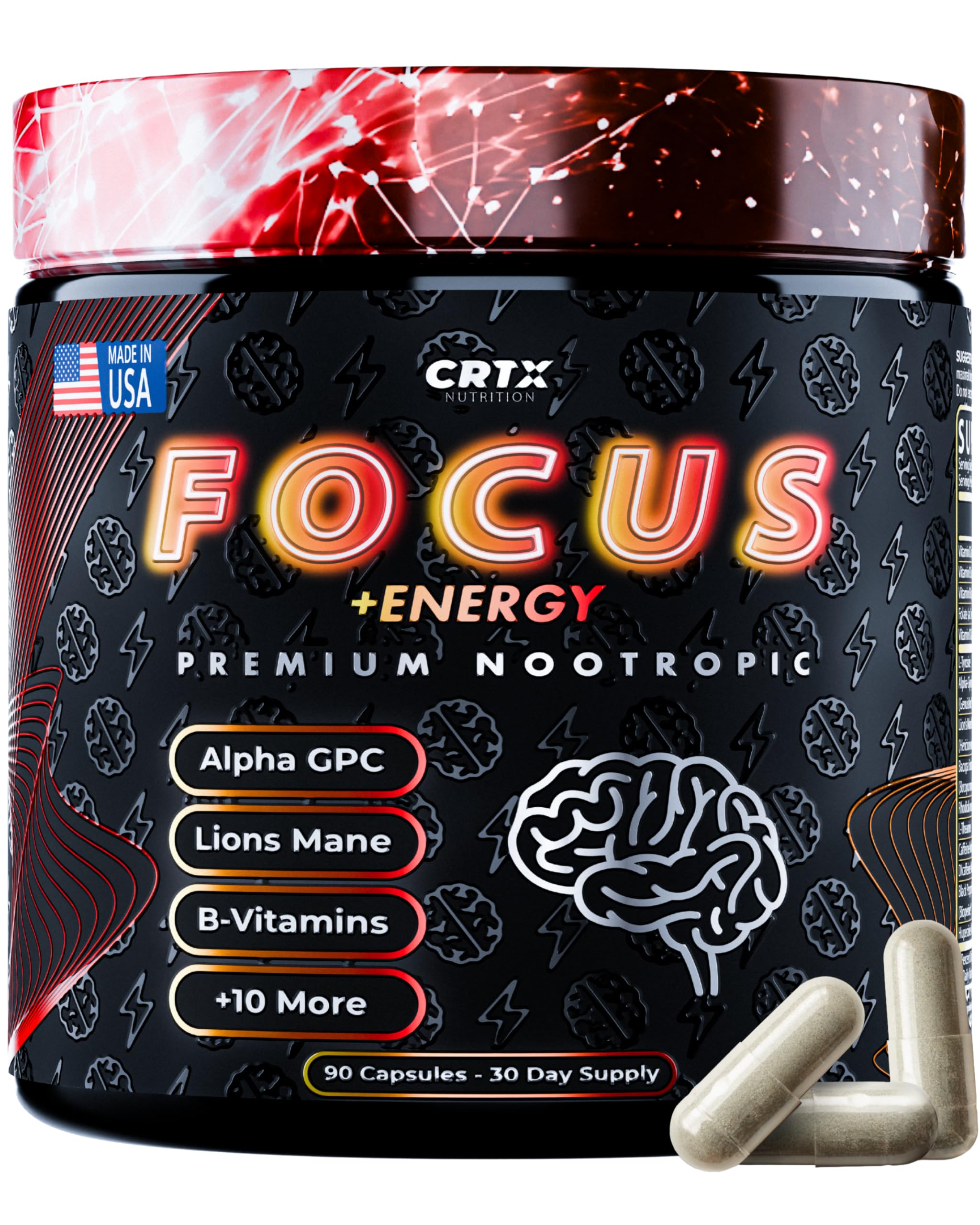 CRTX Nutrition Focus — bouteille de capsules prête pour une concentration durable.