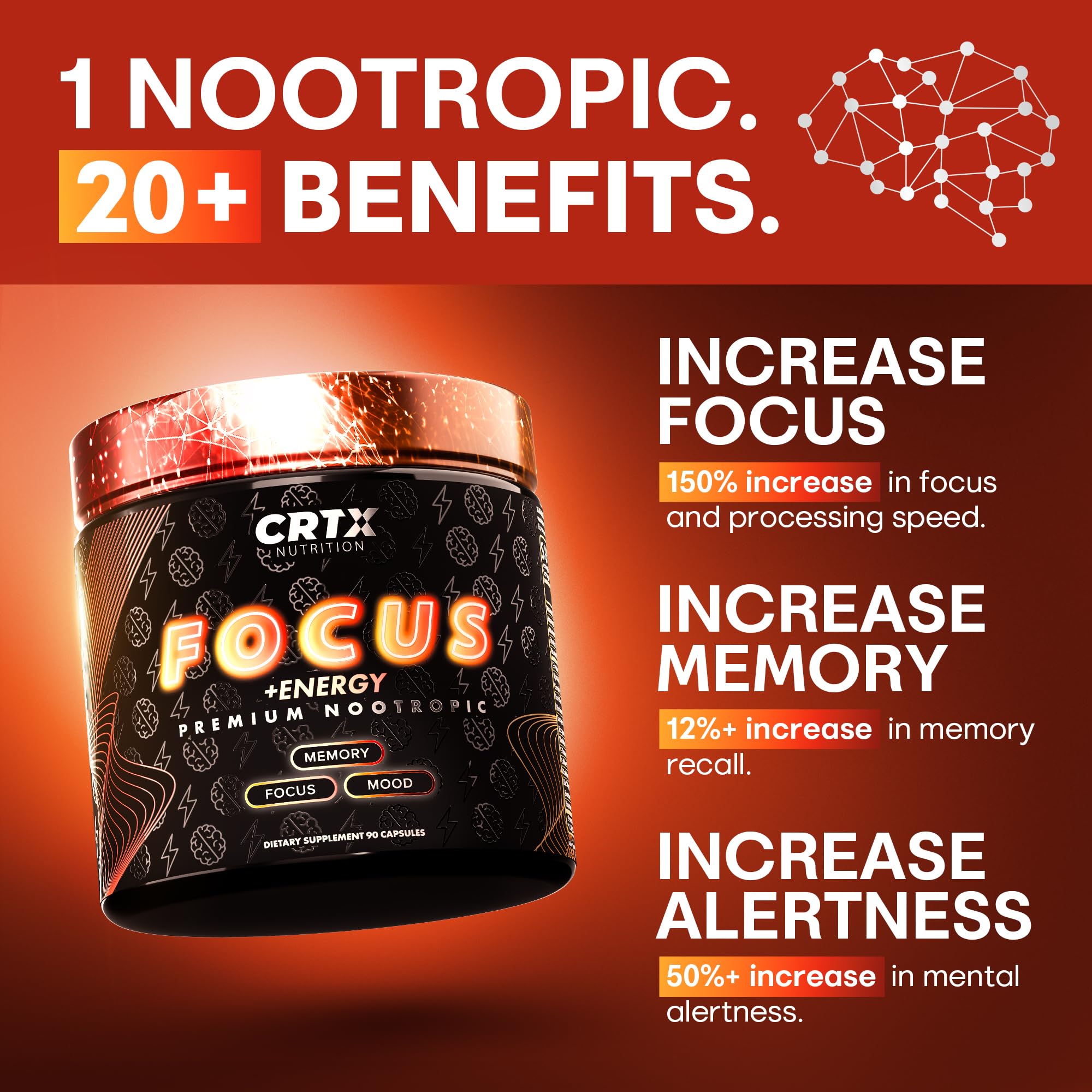 CRTX Nutrition Focus — tableau d'ingrédients mettant Alpha-GPC et Rhodiola pour la concentration.