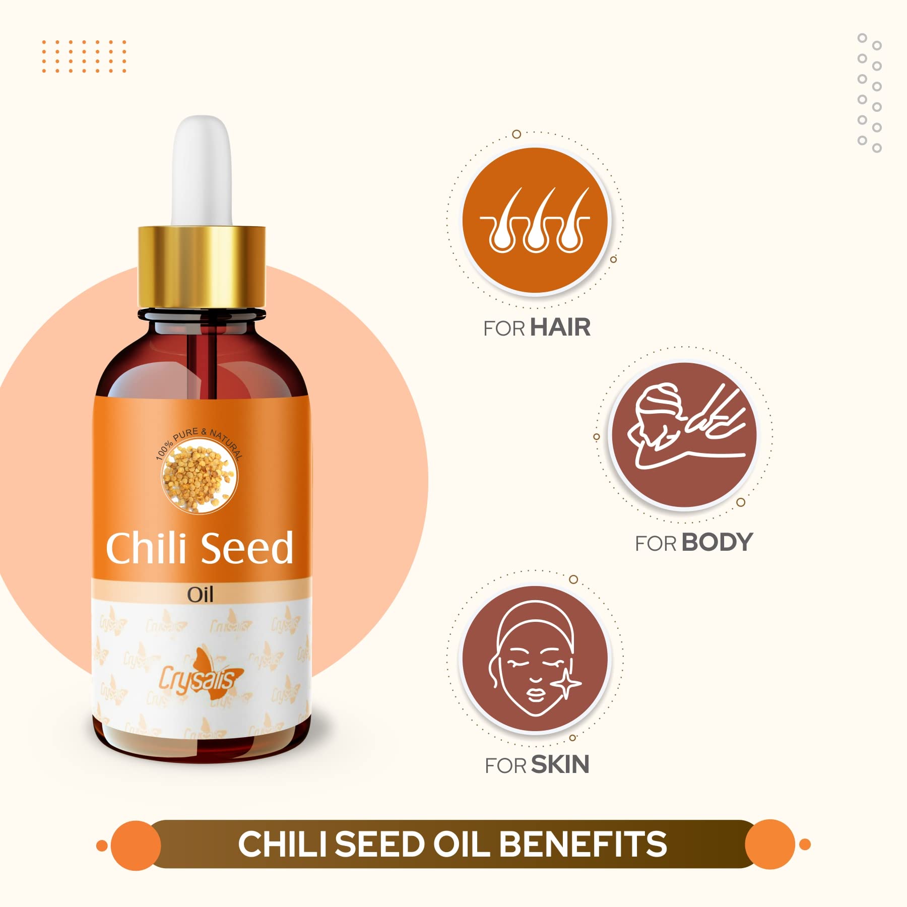 Emballage élégant Crysalis, huile de piment pour formulations maison.