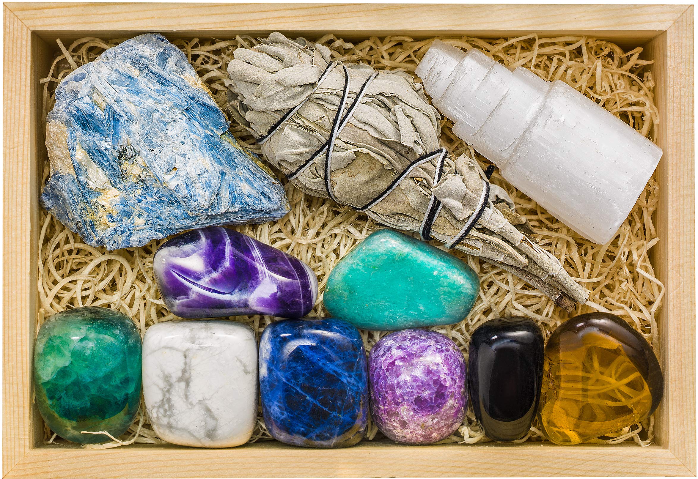 Crystalya boite cadeau en bois avec cristaux propices à la détente et au décor.