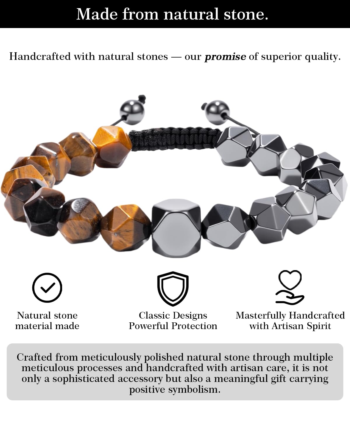Crystery bracelet homme pierre naturelle 10mm: perles fines pour un look élégant.