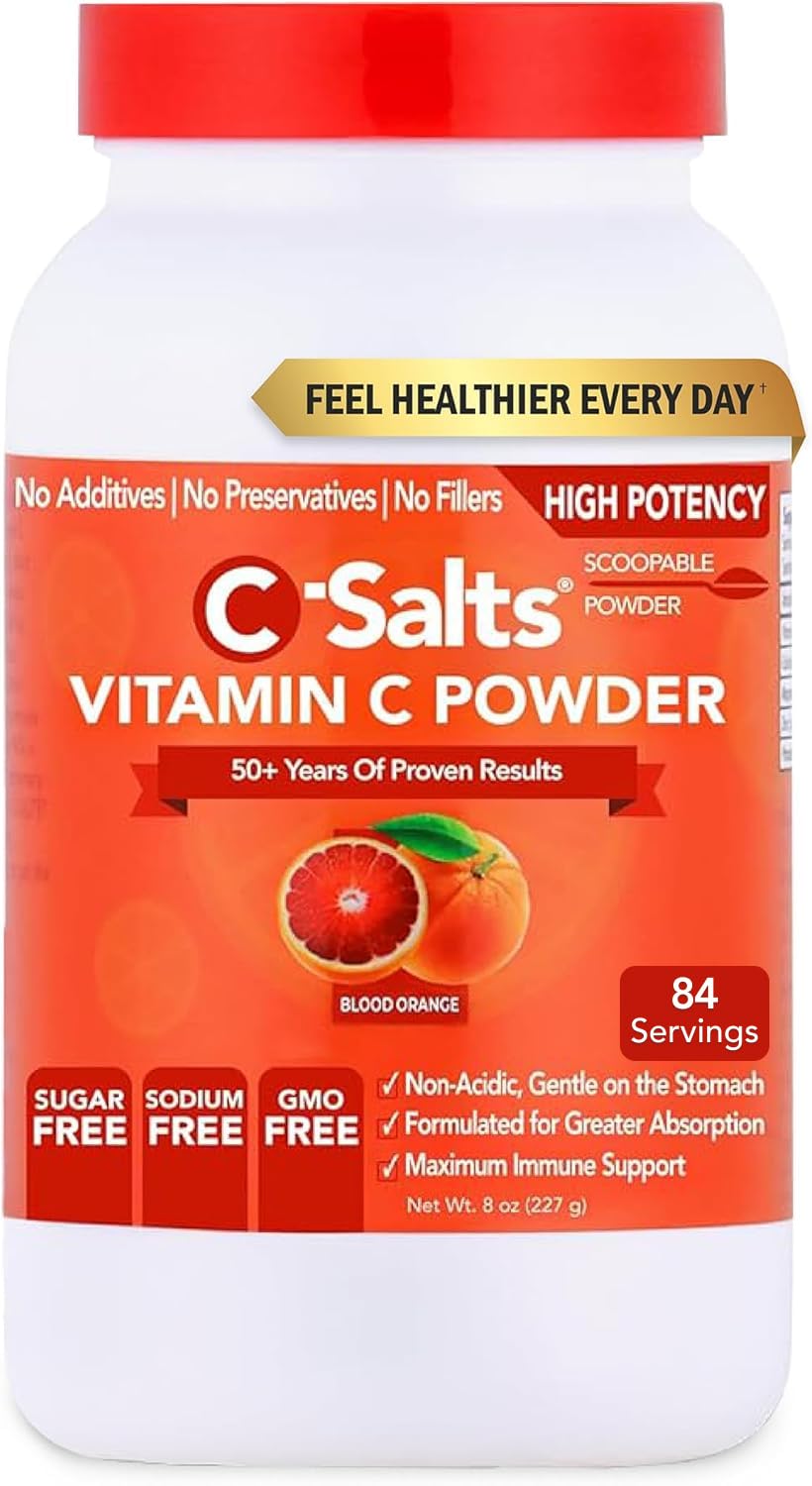 Poudre vitamine C C-Salts en bouteille ouverte, prêt à mesurer pour dosage quotidien.