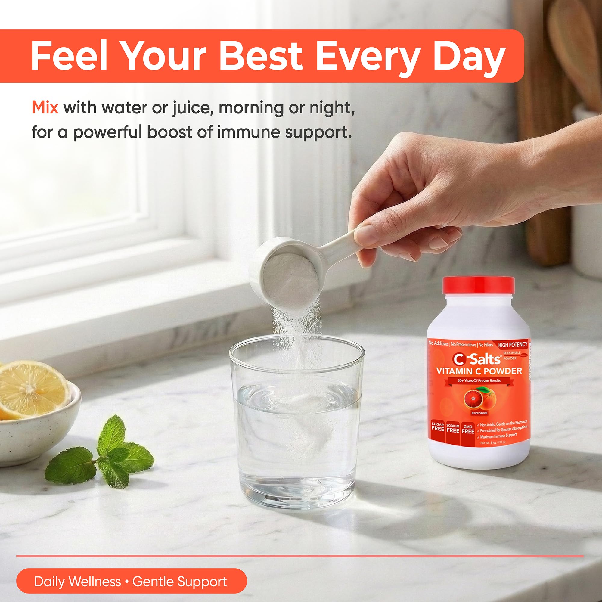 Mélange dans un jus d orange avec C-Salts pour démarrer la journée.