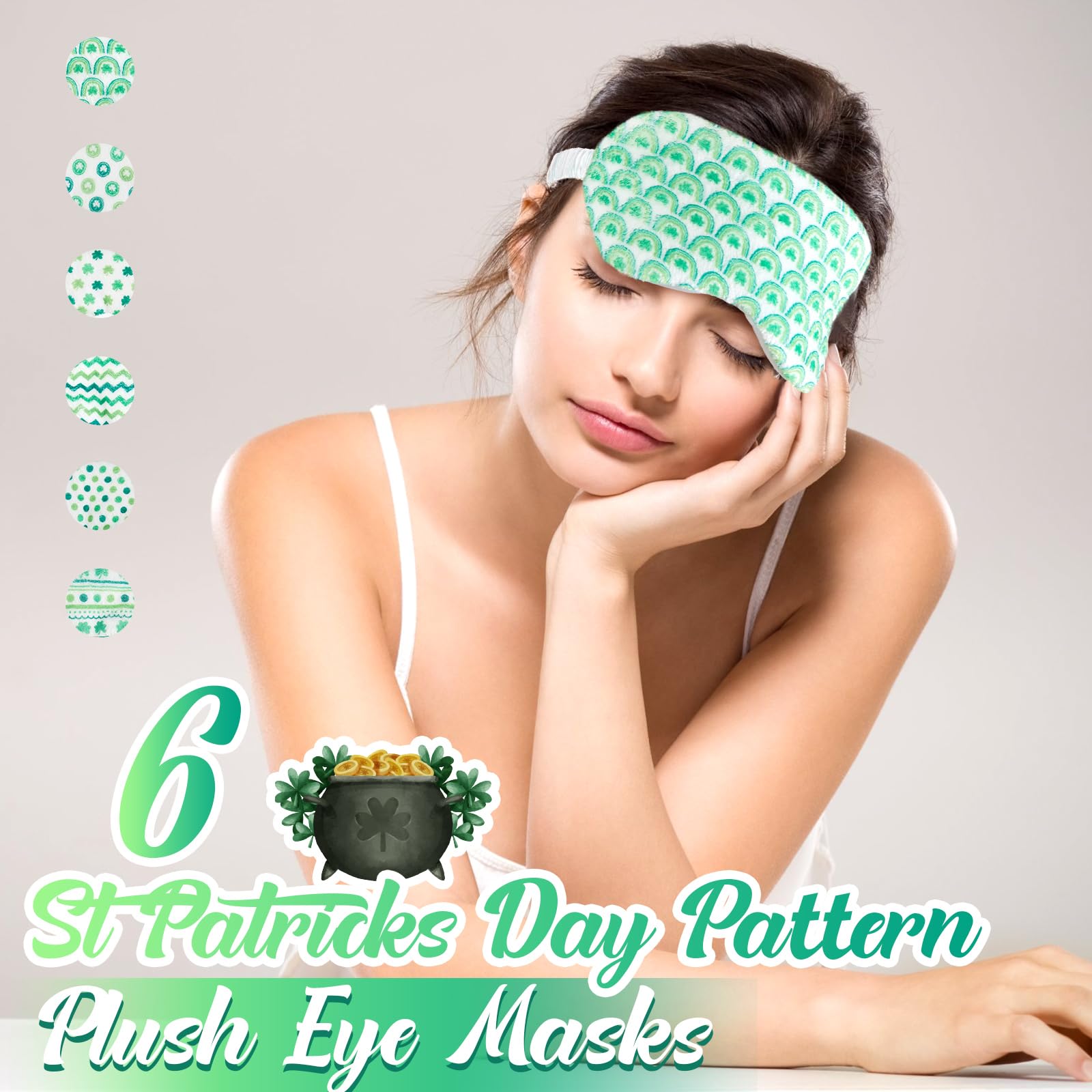 Masque yeux peluche Cuffbow vert, parfait pour dormir paisiblement en voyage.