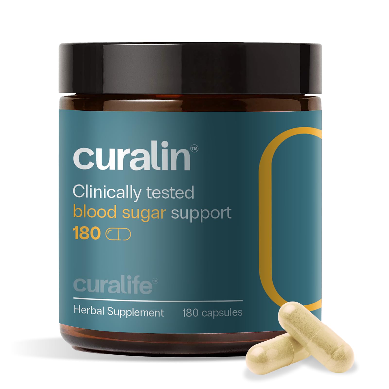 Curalife Curalin, bouteille avec étiquette, soutien potentiel de la glycémie et du métabolisme.